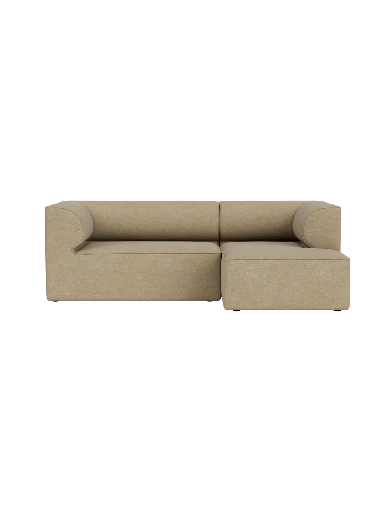 Front view of the Eave Modular Sofa, 86, 3-seater in Audo Bouclé 02. The beige sofa has a right-hand chaise and curved arms.