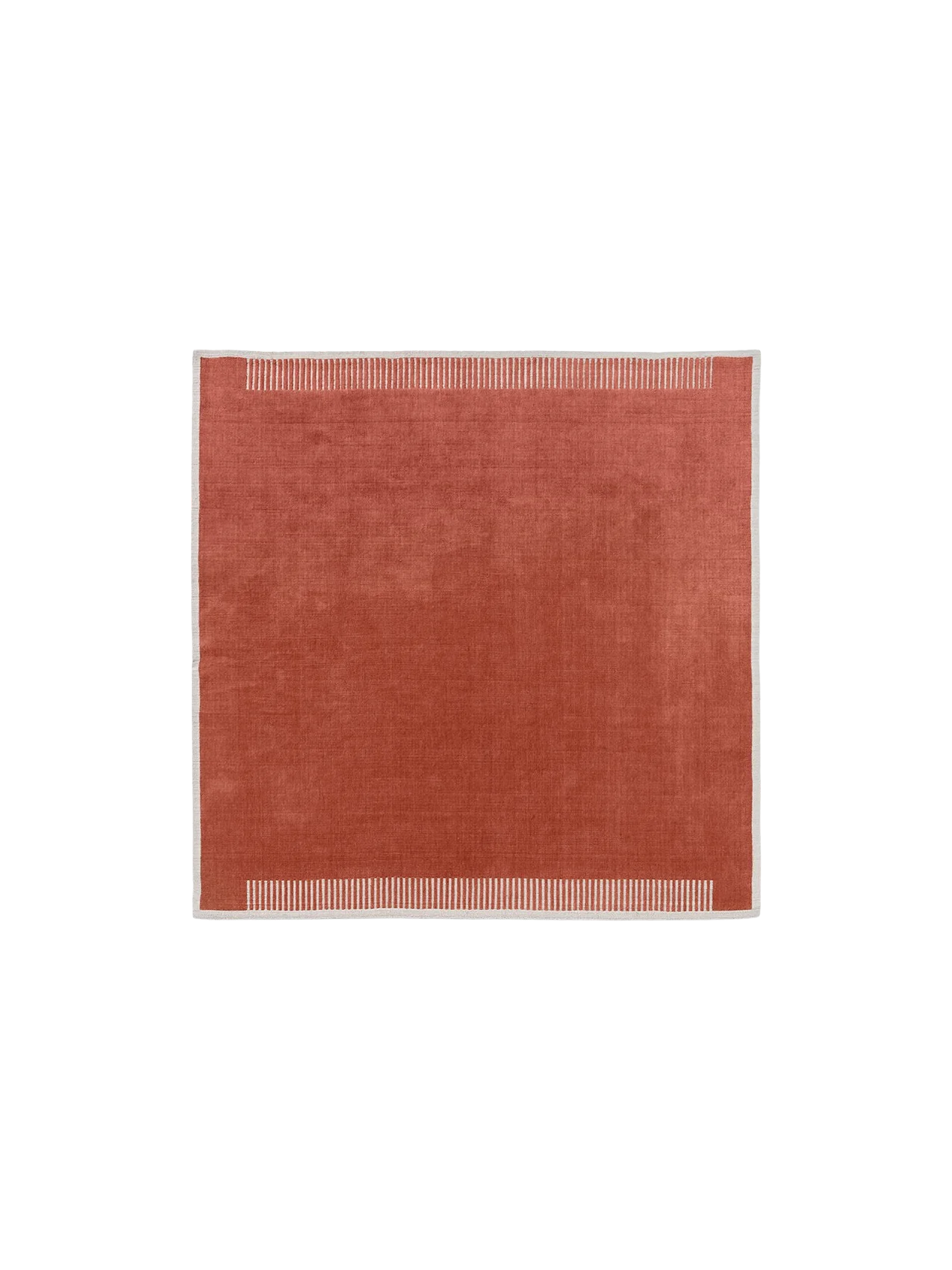 Aerial view of the square Duomo Rug in Terracotta Red with a thin, off-white border and decorative vertical stripe pattern.