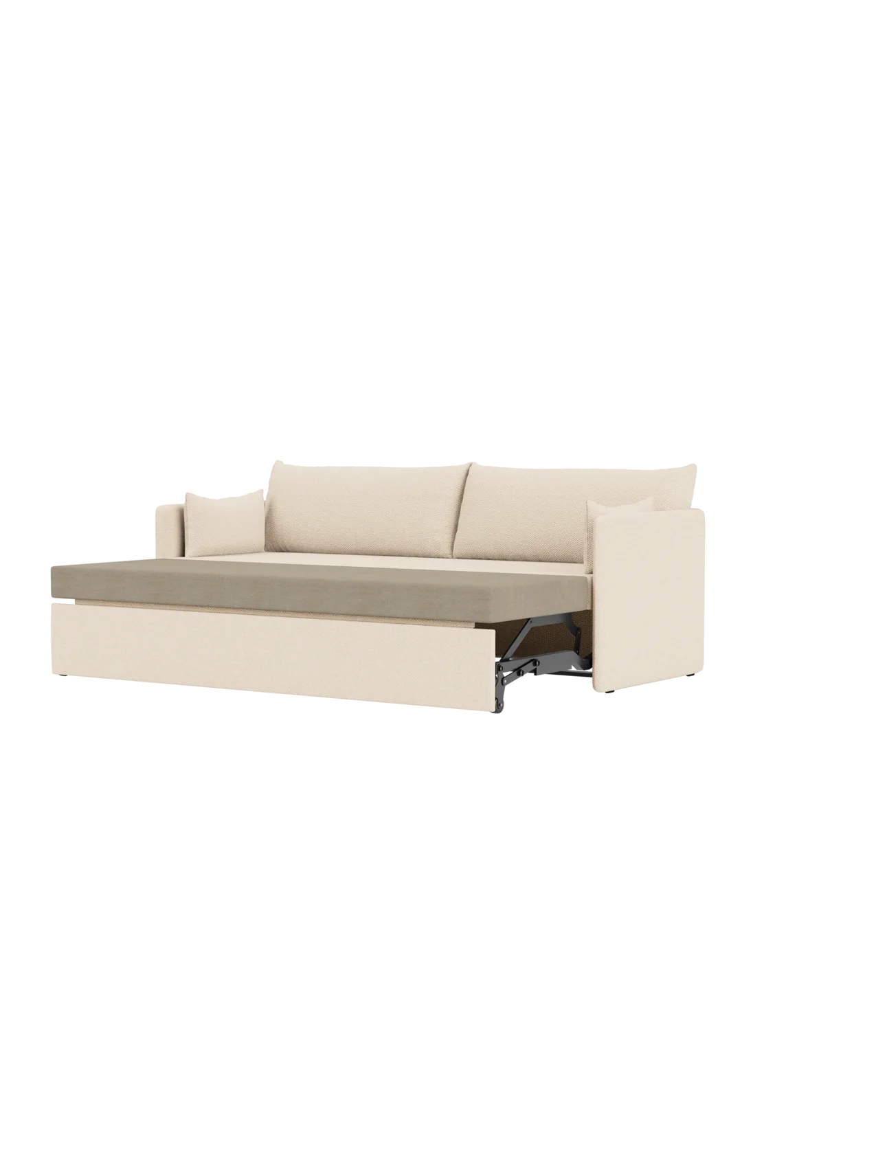 Side view of the Offset Sofa Bed in Logan Jasmine fabric, opened to show the bed mechanism and contrasting grey mattress.