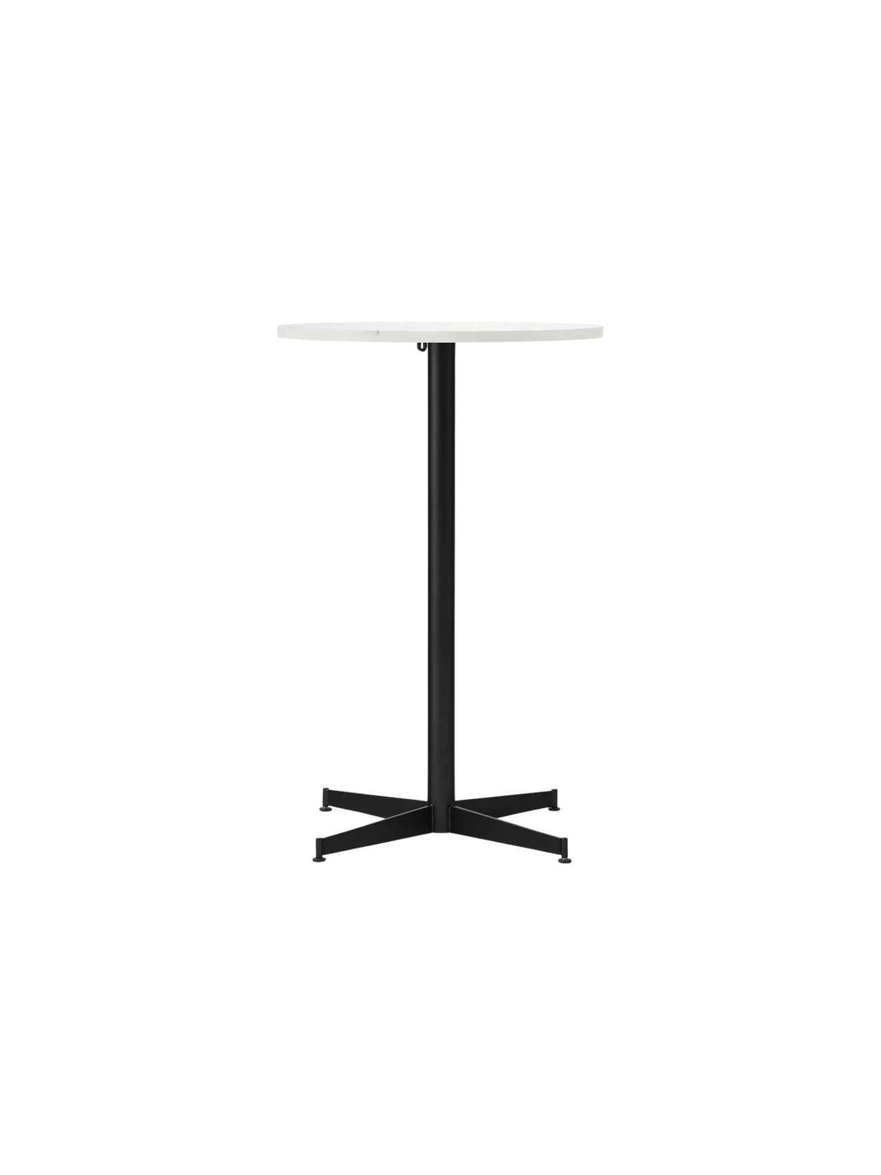 A front view of the Nook Counter Table, featuring a round Estremoz marble top on a slim, black pedestal base.