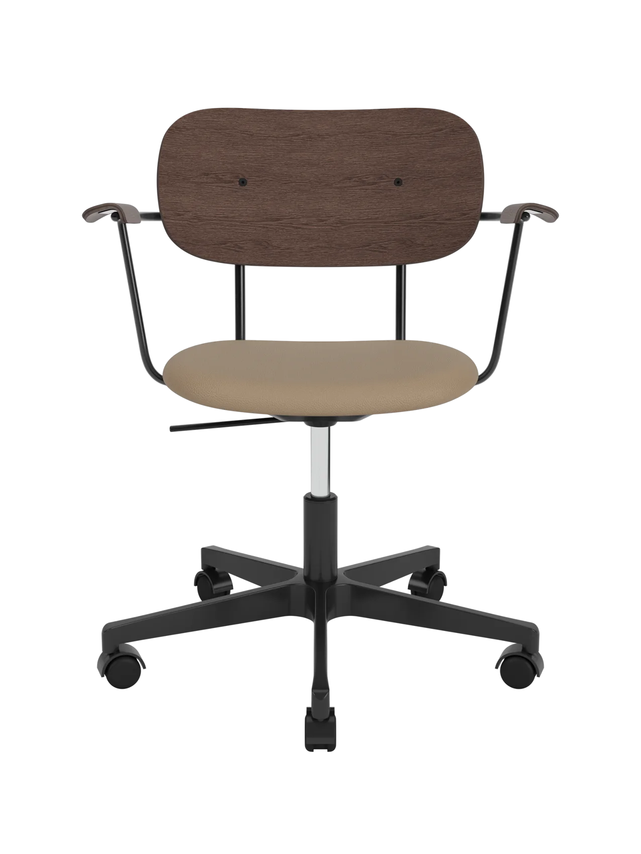 Co Task Chair with dark stained oak back and armrests, Sierra 1611 upholstered seat and black swivel base with castors.