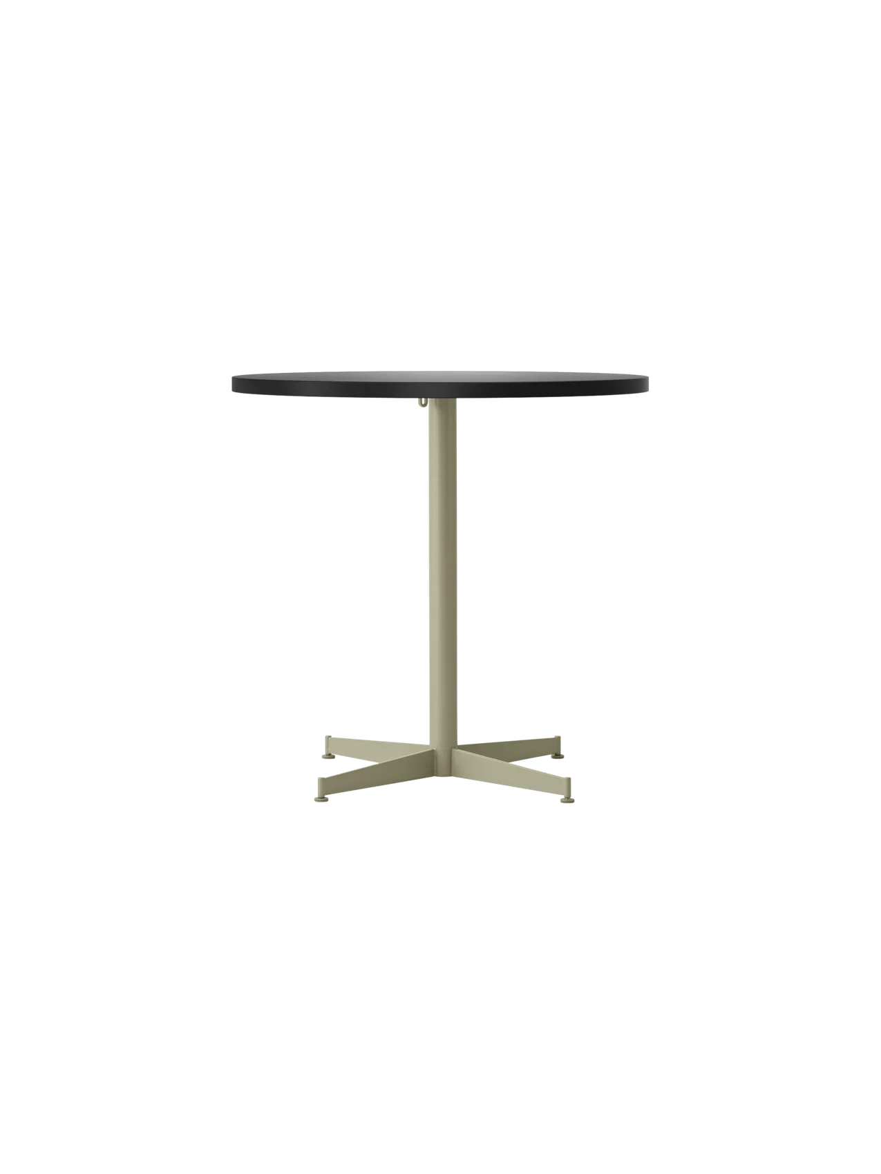 Front view of the Nook Dining Table, featuring a dark grey round top and an olive-coloured, four-star pedestal base.