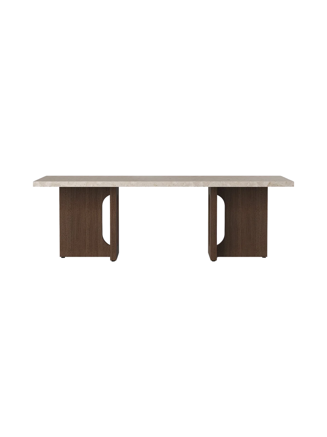 Front view of the Androgyne Lounge Table, featuring a dark stained oak base with cut-outs and a Kunis Breccia stone top.