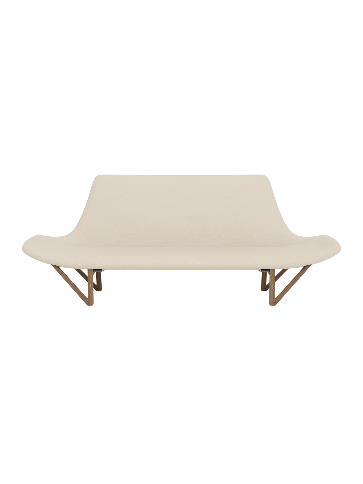 Front view of the Pagode Sofa, upholstered in light cream Hallingdal fabric with a sculptural frame and V-shaped walnut legs.