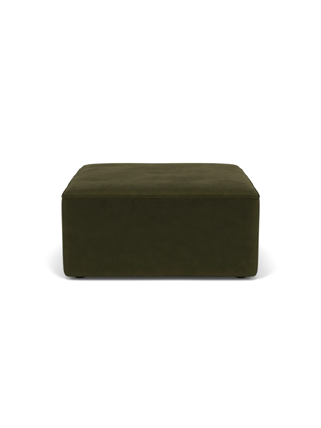 A front-facing view of the square Eave Modular Sofa, 86, Pouf in a dark olive green Champion fabric, on a black background.