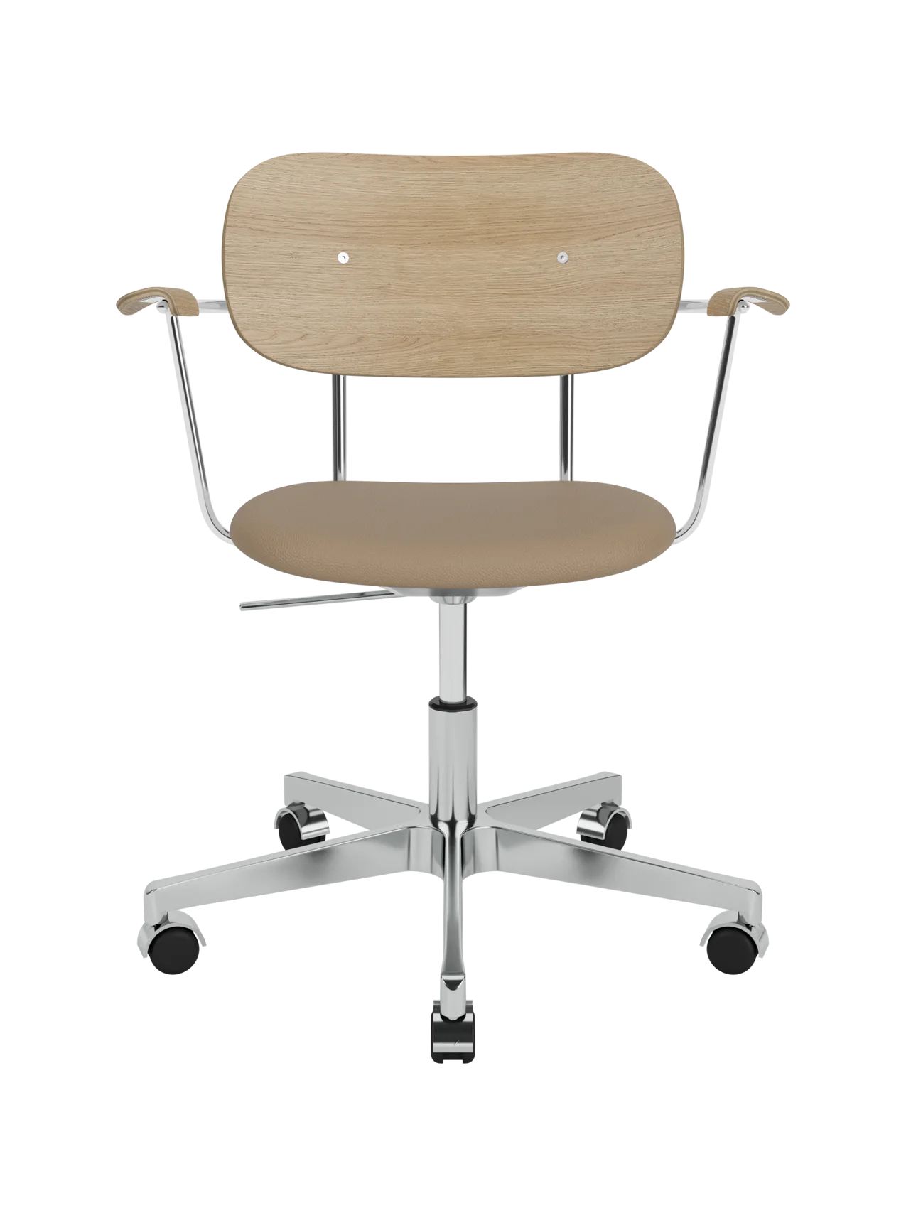 Co Task Chair with natural oak backrest, Sierra 1611 upholstered seat and chrome armrests on a five-star aluminium base.