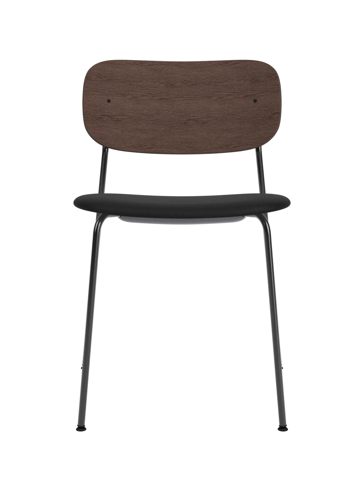 Co Dining Chair featuring a black steel frame, dark stained oak backrest, and black Sierra leather upholstered seat.