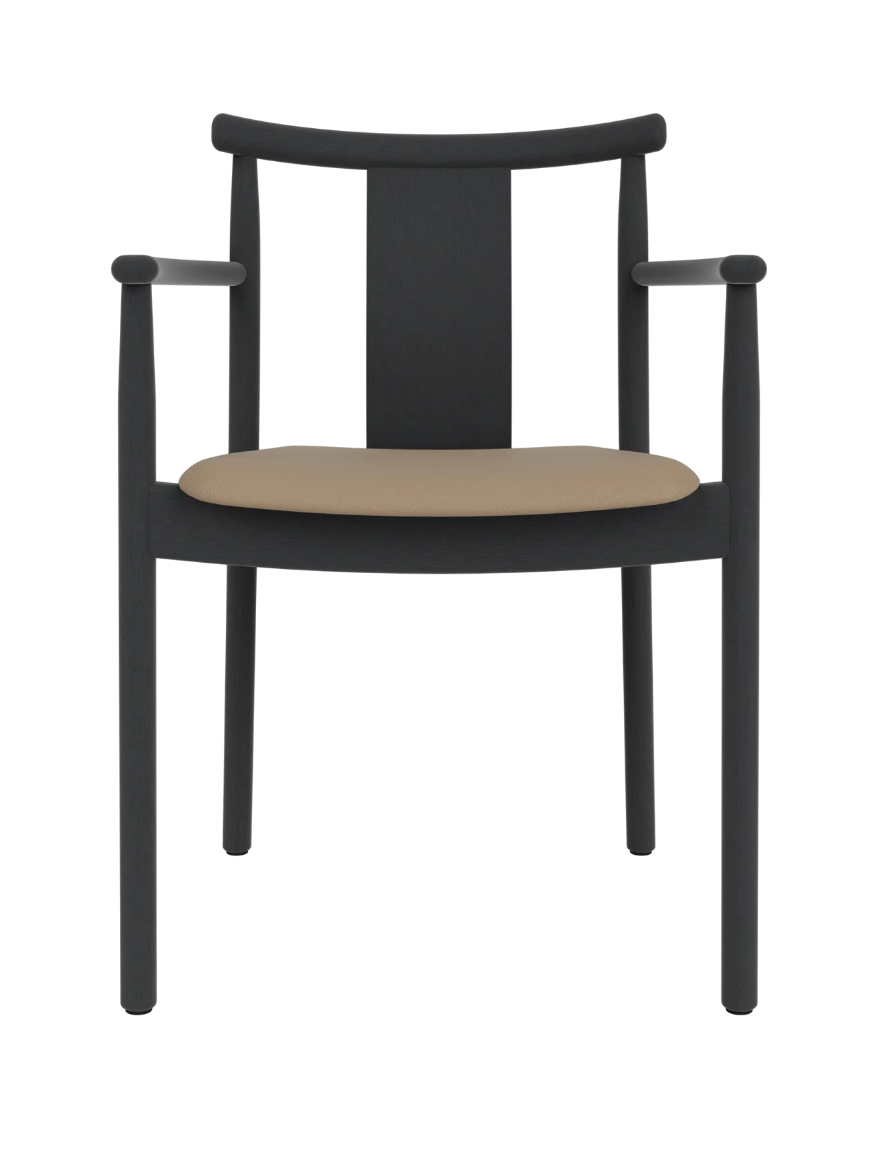 Black stained oak Merkur Dining Chair with armrests and a tan Sierra leather seat, shown from a front-facing view.