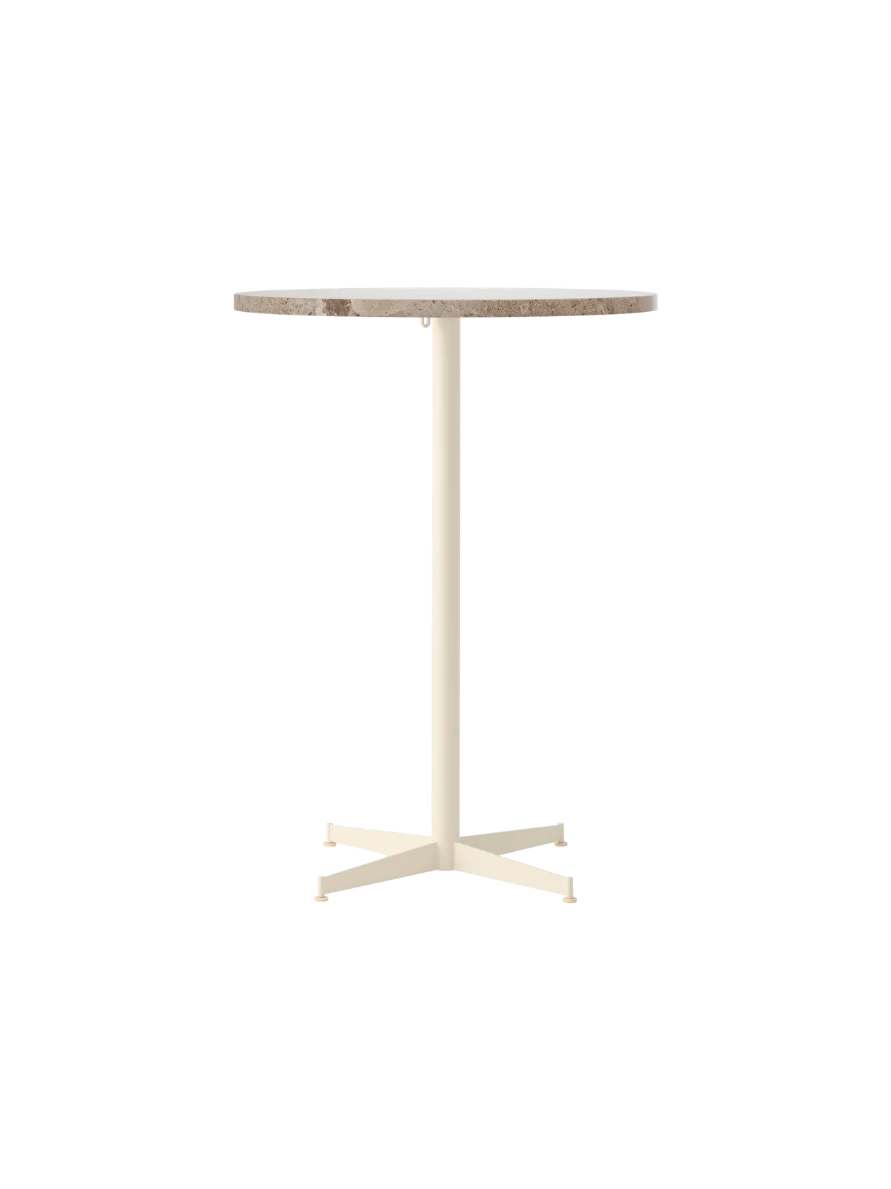 Front view of the Nook Bar Table with a round Kunis Breccia stone top on a slender ivory-coloured steel base with four feet.