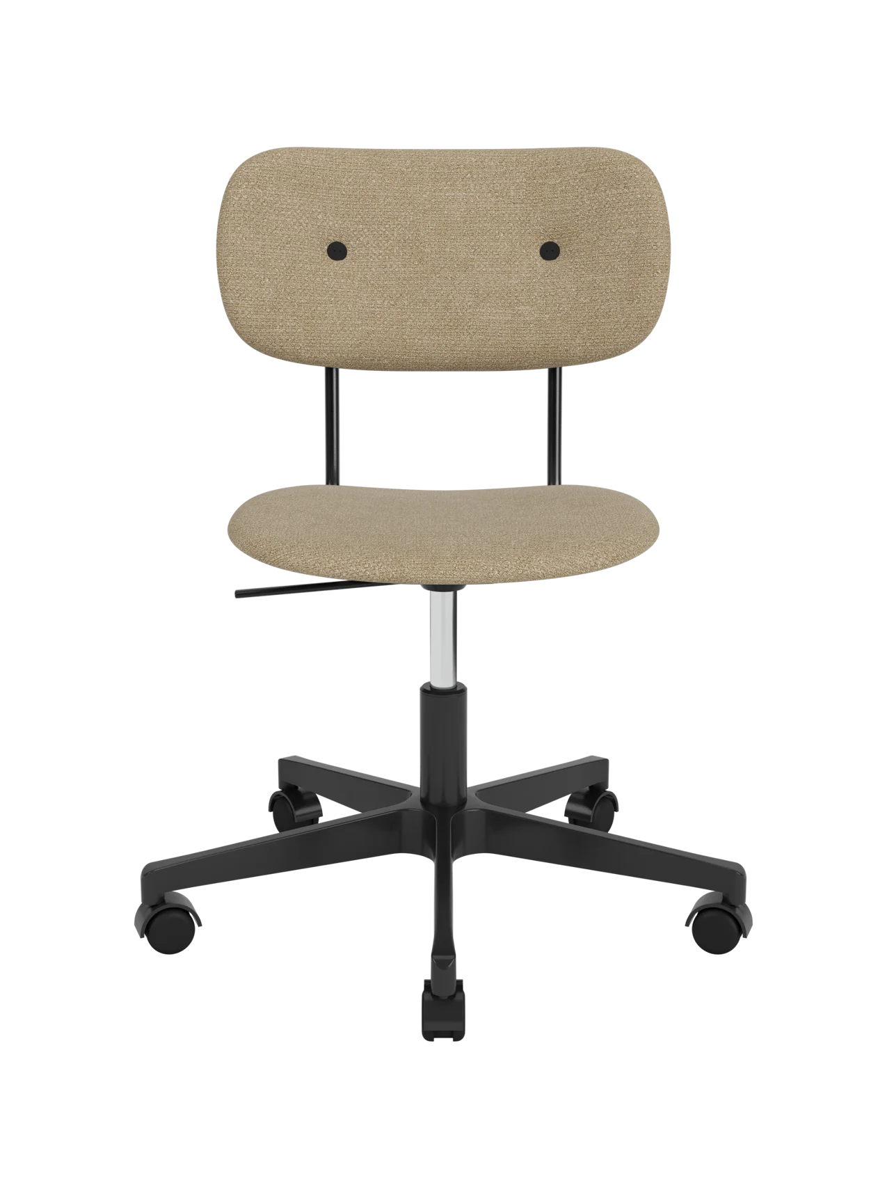 Fully upholstered Co Task Chair in beige bouclé fabric with a black five-star swivel base and casters.