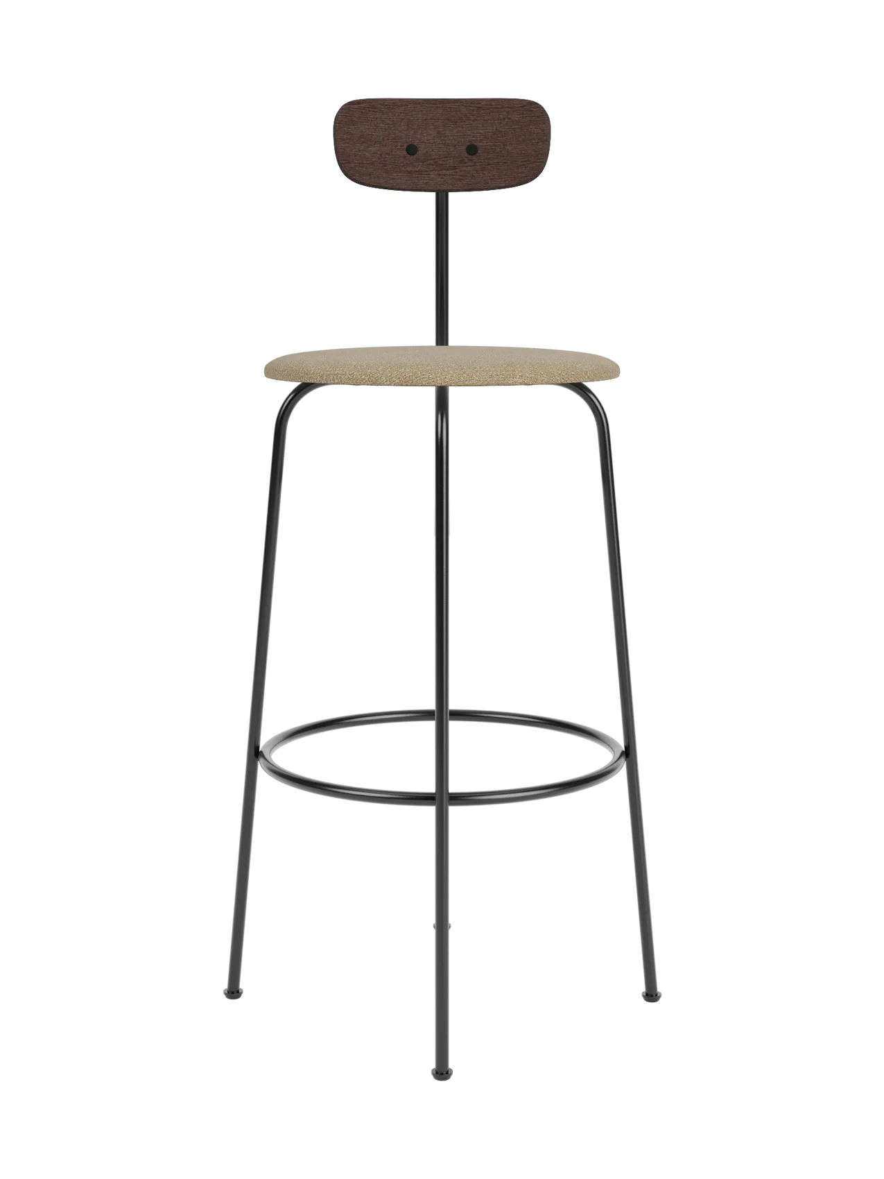 Afteroom Bar Chair with a dark stained oak backrest, beige bouclé seat and minimalist black powder-coated steel frame.