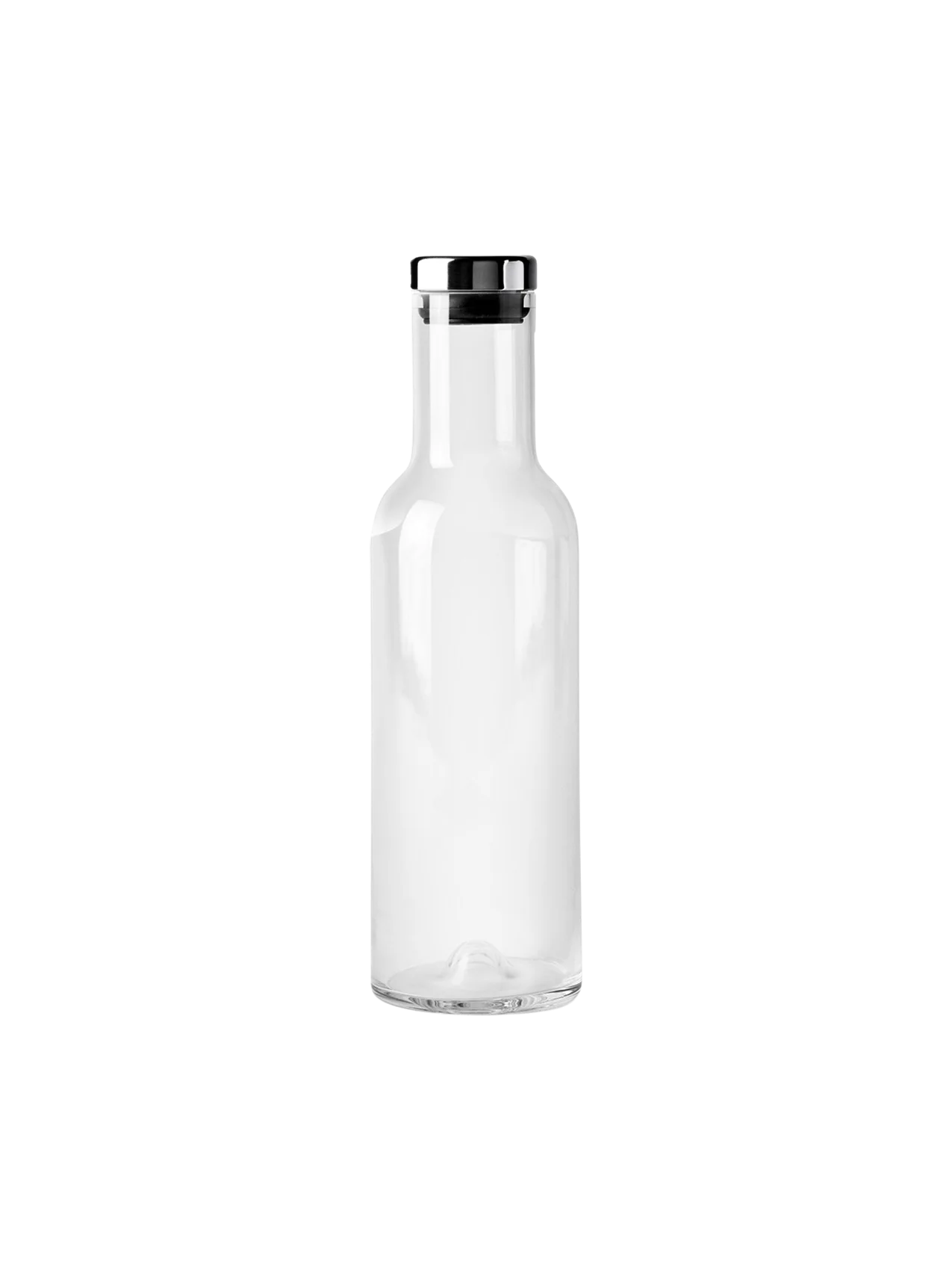 A front-view, studio shot of the Audo Bottle Carafe with Steel Lid. The minimalist carafe is made of clear glass.