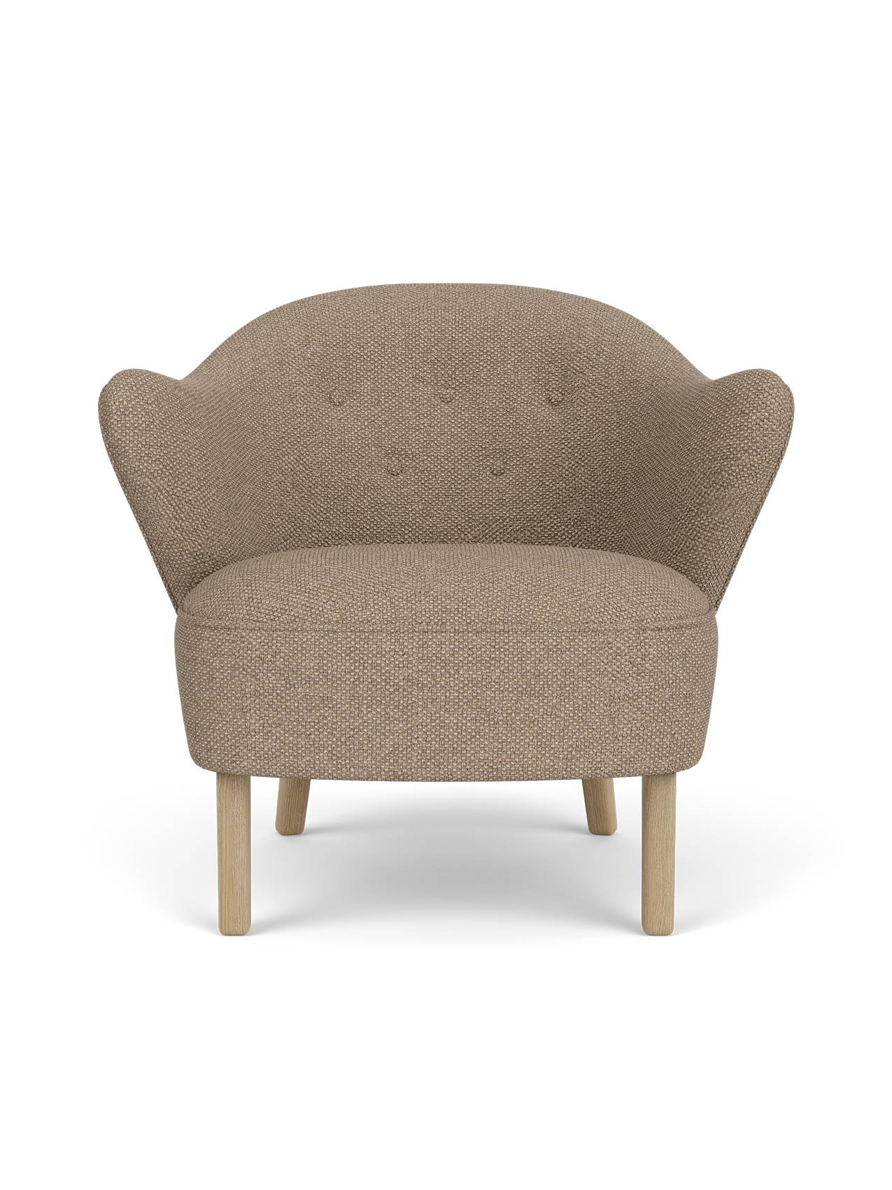 Ingeborg Lounge Chair in Logan Flint textile with natural oak legs, featuring a compact, curved silhouette.