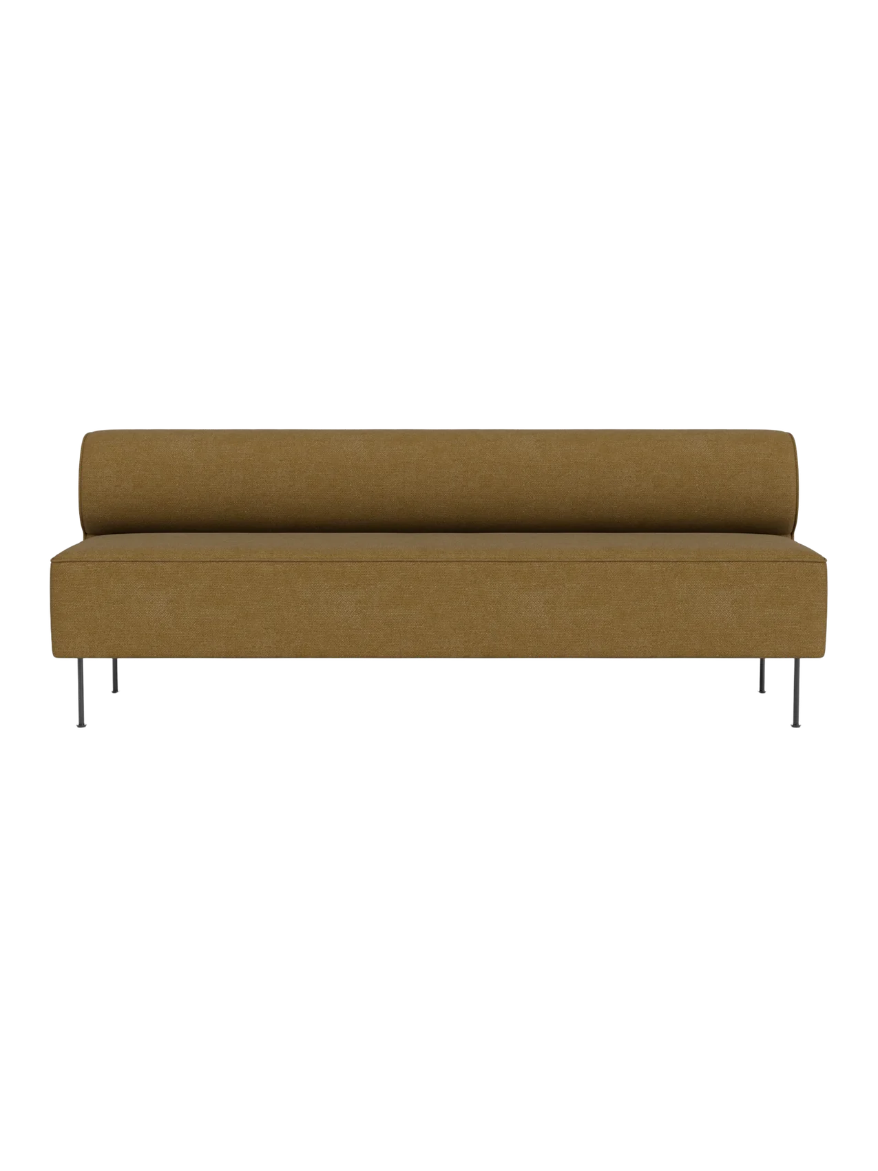 Front view of the Eave Dining Sofa. The long, armless sofa has mustard-coloured upholstery and stands on slim, metal legs.