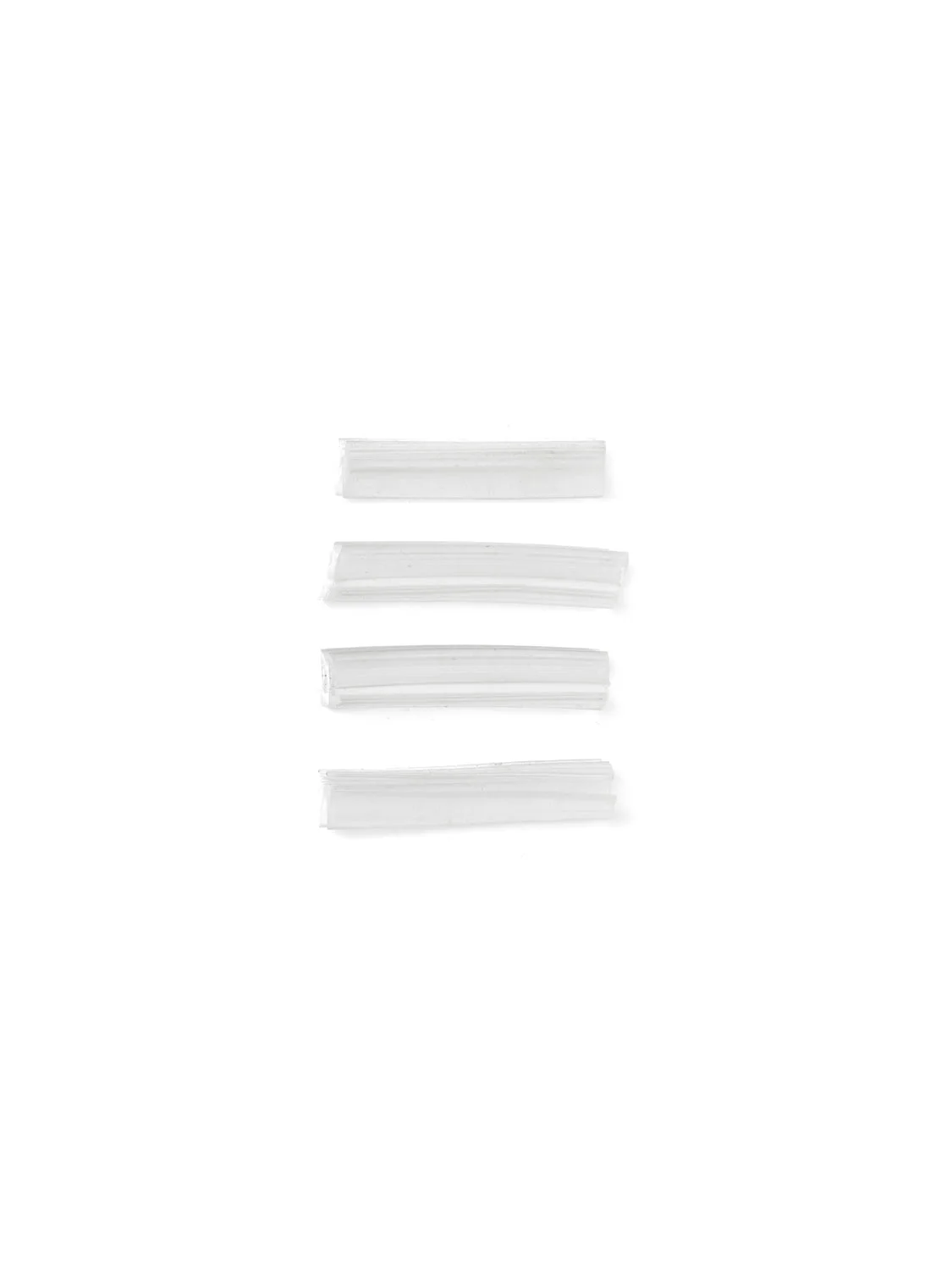 Four small, slightly curved, translucent plastic components with a ribbed texture, stacked vertically on a white background.