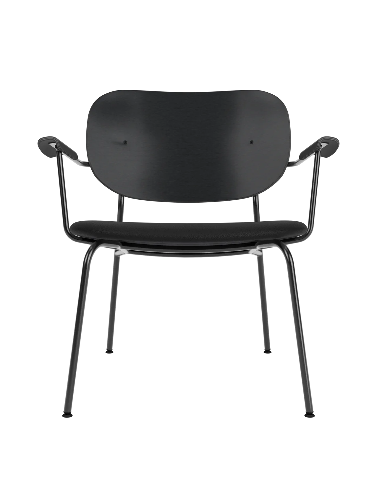 Co Lounge Chair featuring a black painted oak backrest and black leather seat on a slender powder-coated steel frame.