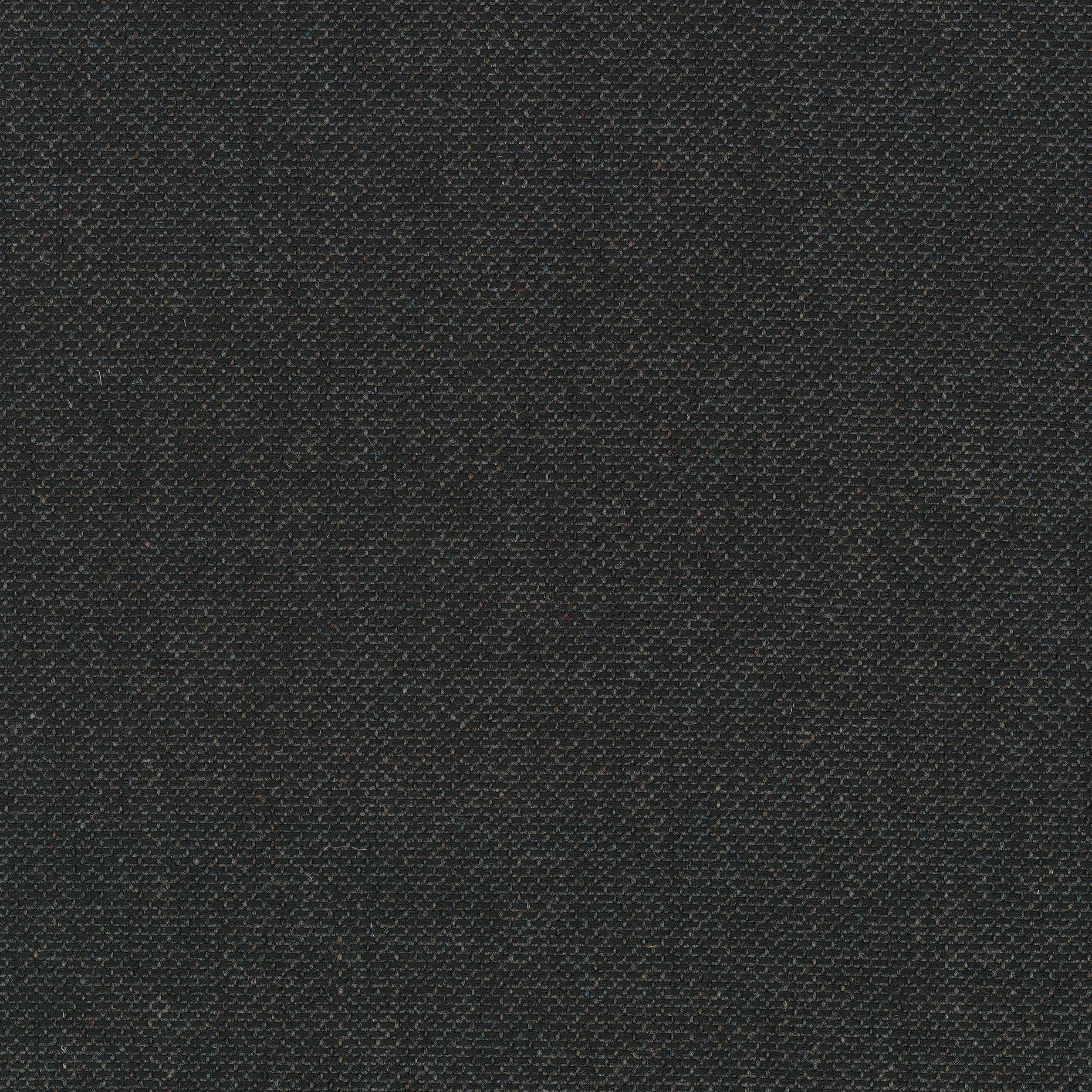 A close-up swatch of Re-Wool 0198 fabric. The textile is a dark charcoal with textured basketweave and multi-coloured flecks.
