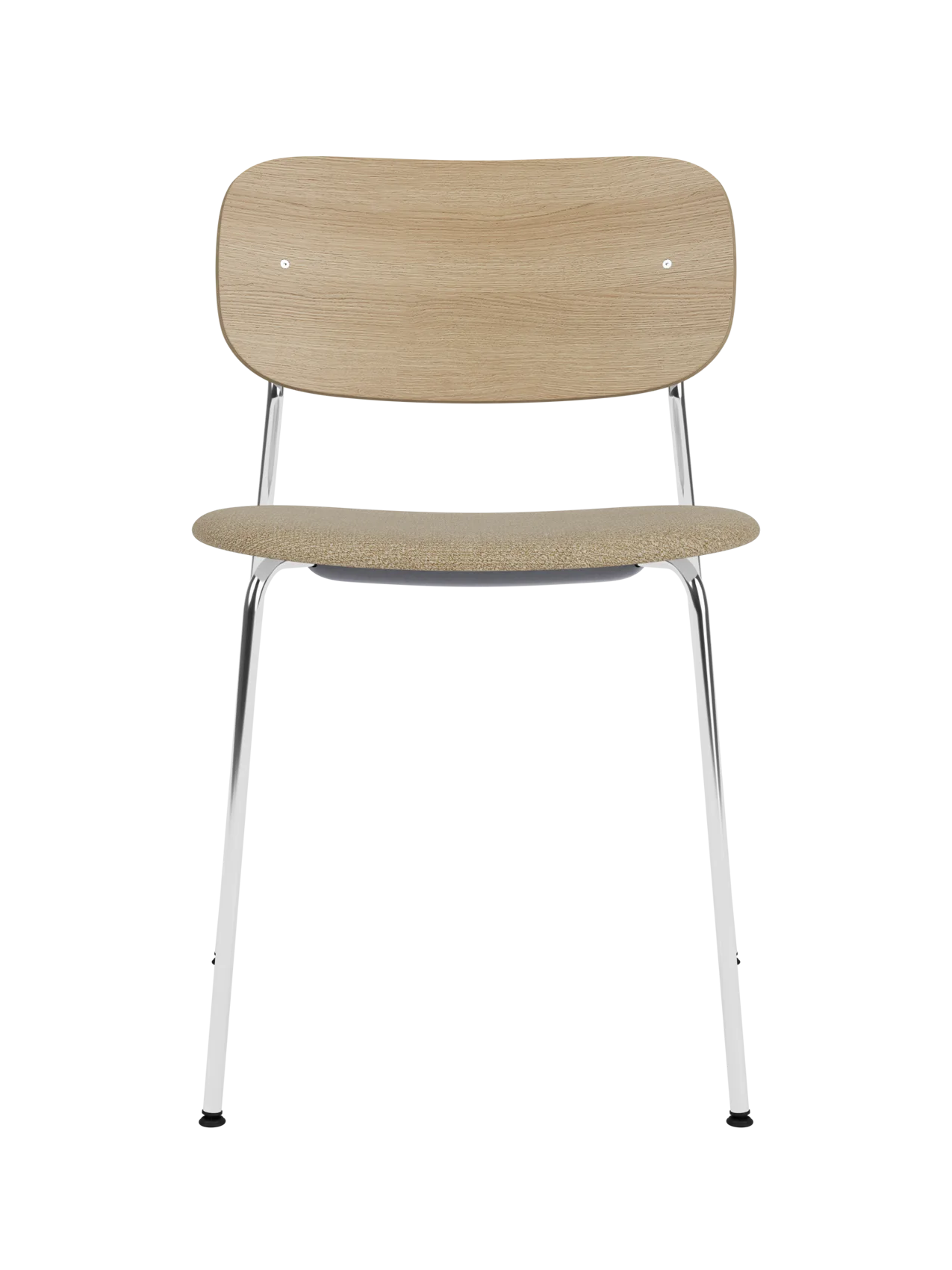 Co Dining Chair with a natural oak back, beige Audo Bouclé 02 upholstered seat and slim chrome frame.