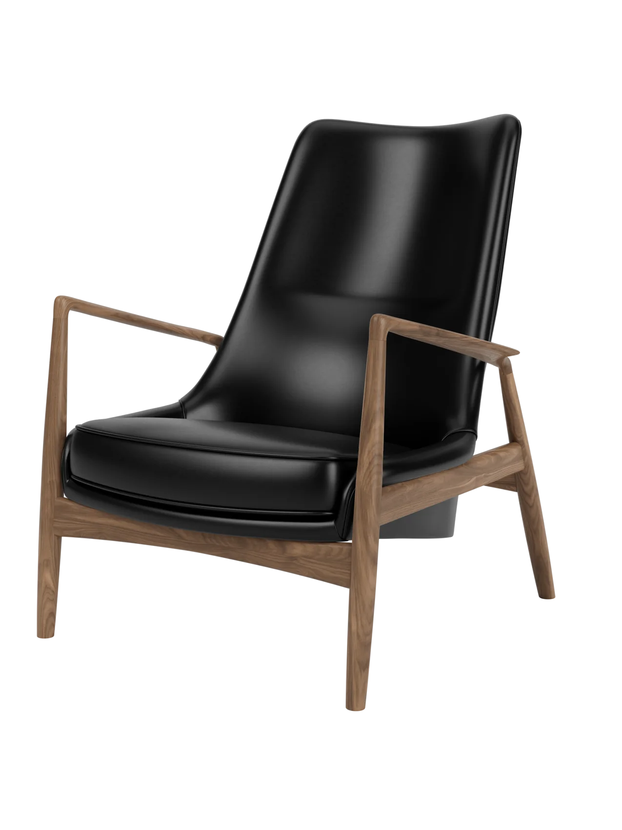 A three-quarter view of The Seal Lounge Chair, High Back, with smooth black leather upholstery and a walnut wood frame.