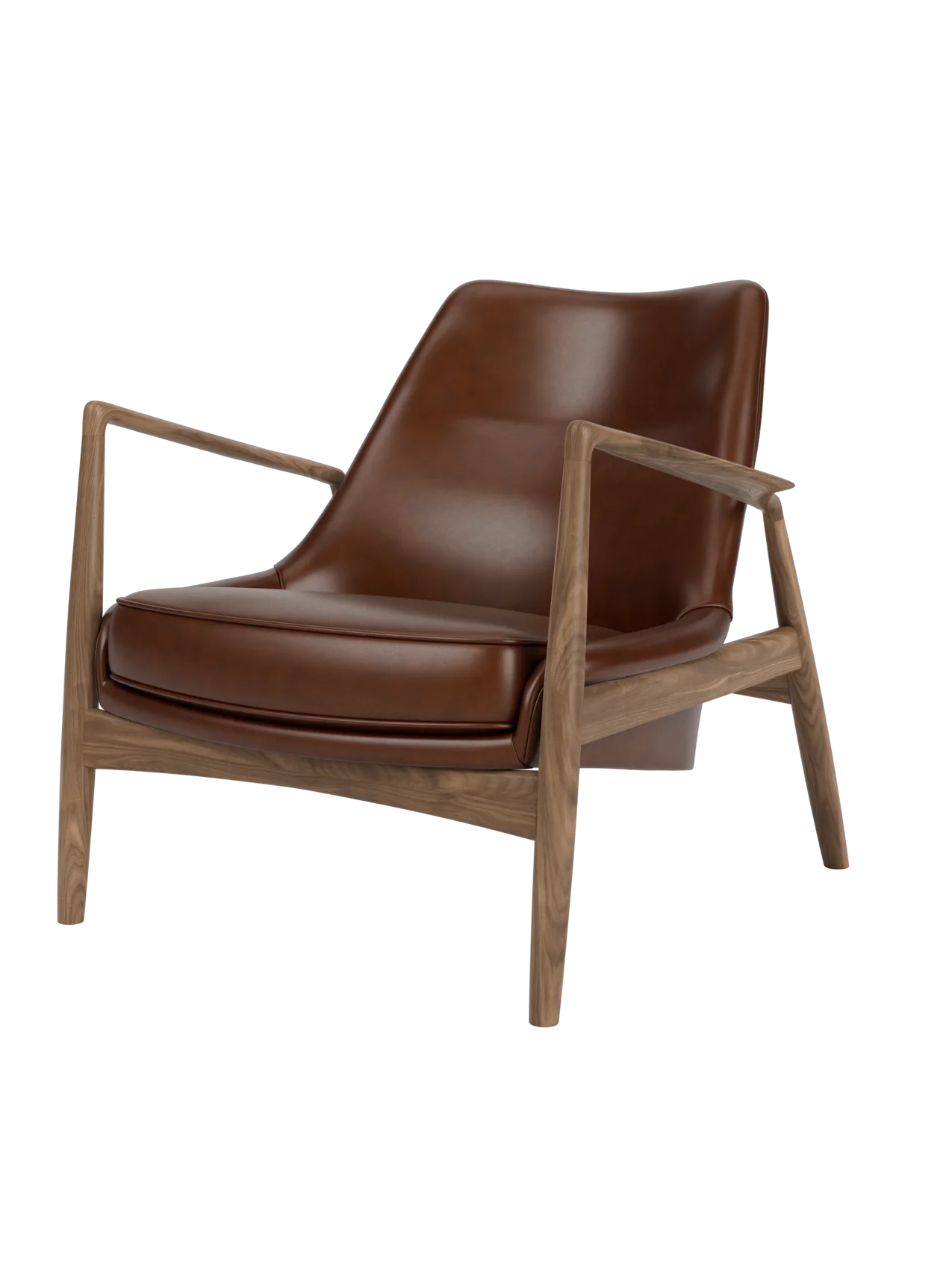 A three-quarter view of The Seal Lounge Chair, Low Back, featuring a dark walnut frame and smooth, brown leather seating.