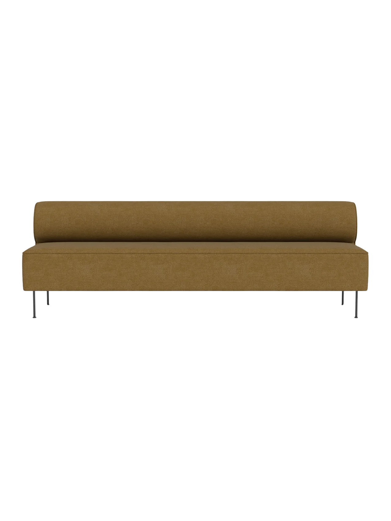 Front view of Eave Dining Sofa in brownish-mustard upholstery. A minimalist banquette with a low back and slim metal legs.