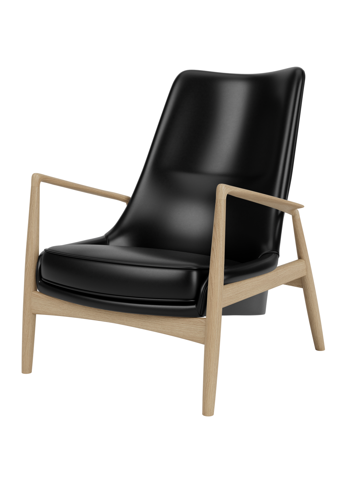 A three-quarter view of The Seal Lounge Chair, High Back, with sleek black leather upholstery and natural oak frame.