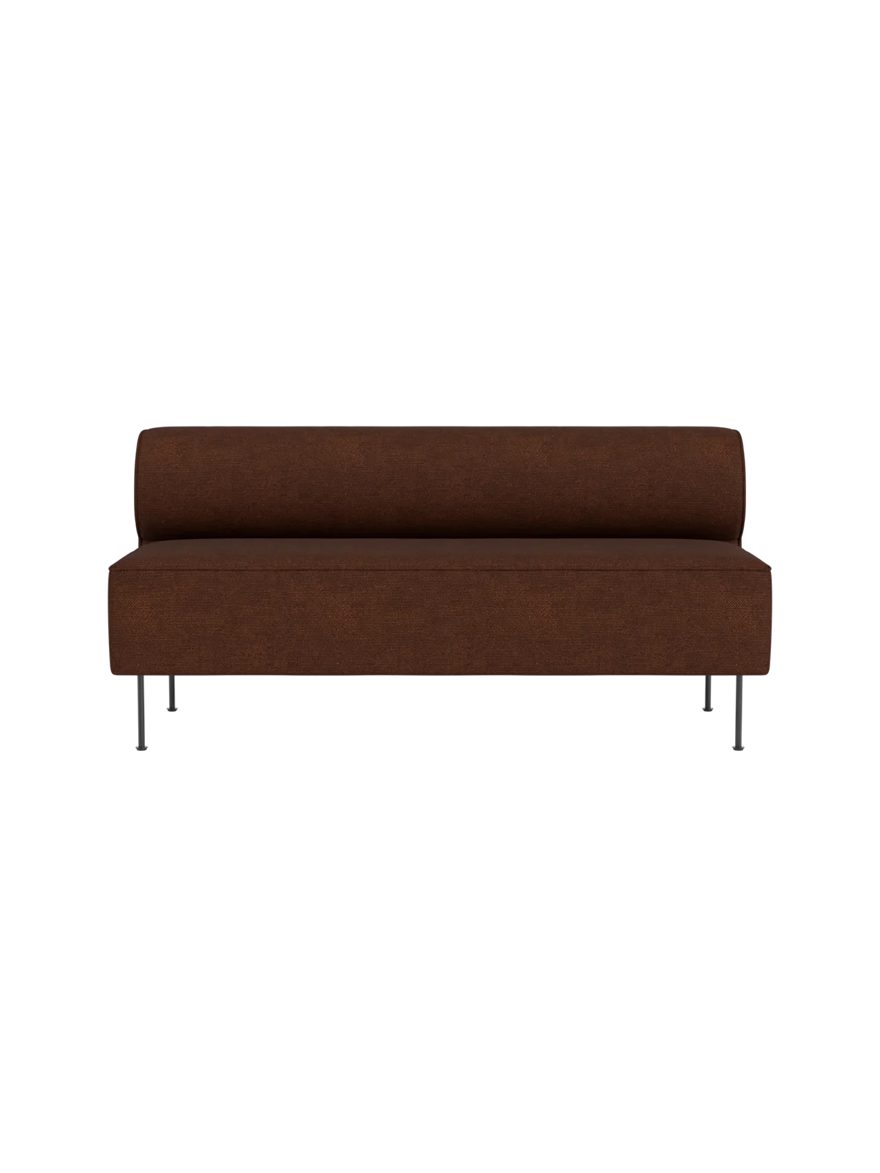 Eave Dining Sofa in Audo Bouclé 08. A front view of the minimalist sofa with textured brown fabric and slender metal legs.