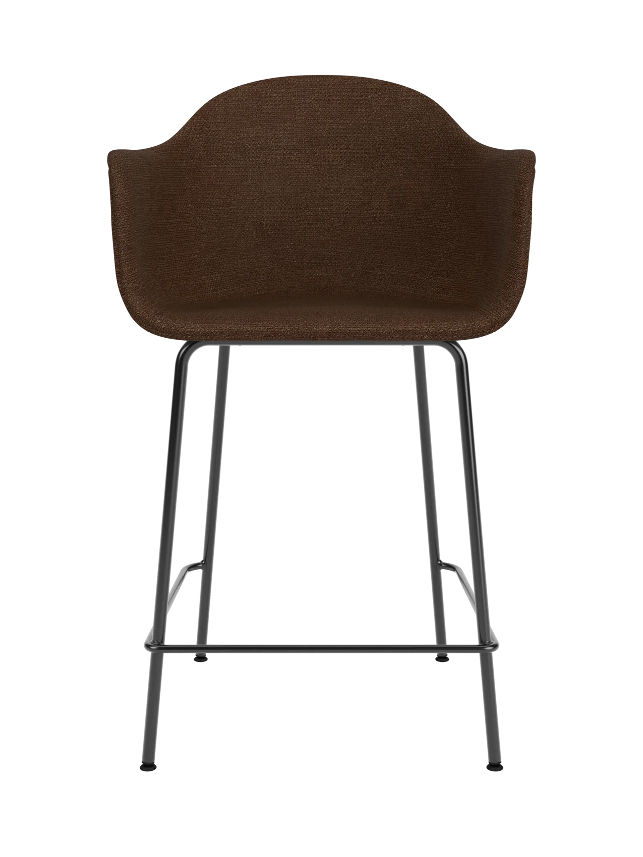 Brown Audo Bouclé 07 upholstered Harbour Counter Chair with a slim black powder-coated steel base and footrest.
