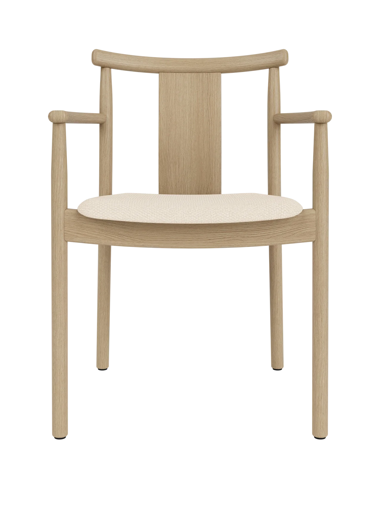 Merkur Dining Chair with Armrests in natural oak wood featuring a light Logan Jasmine upholstered seat.