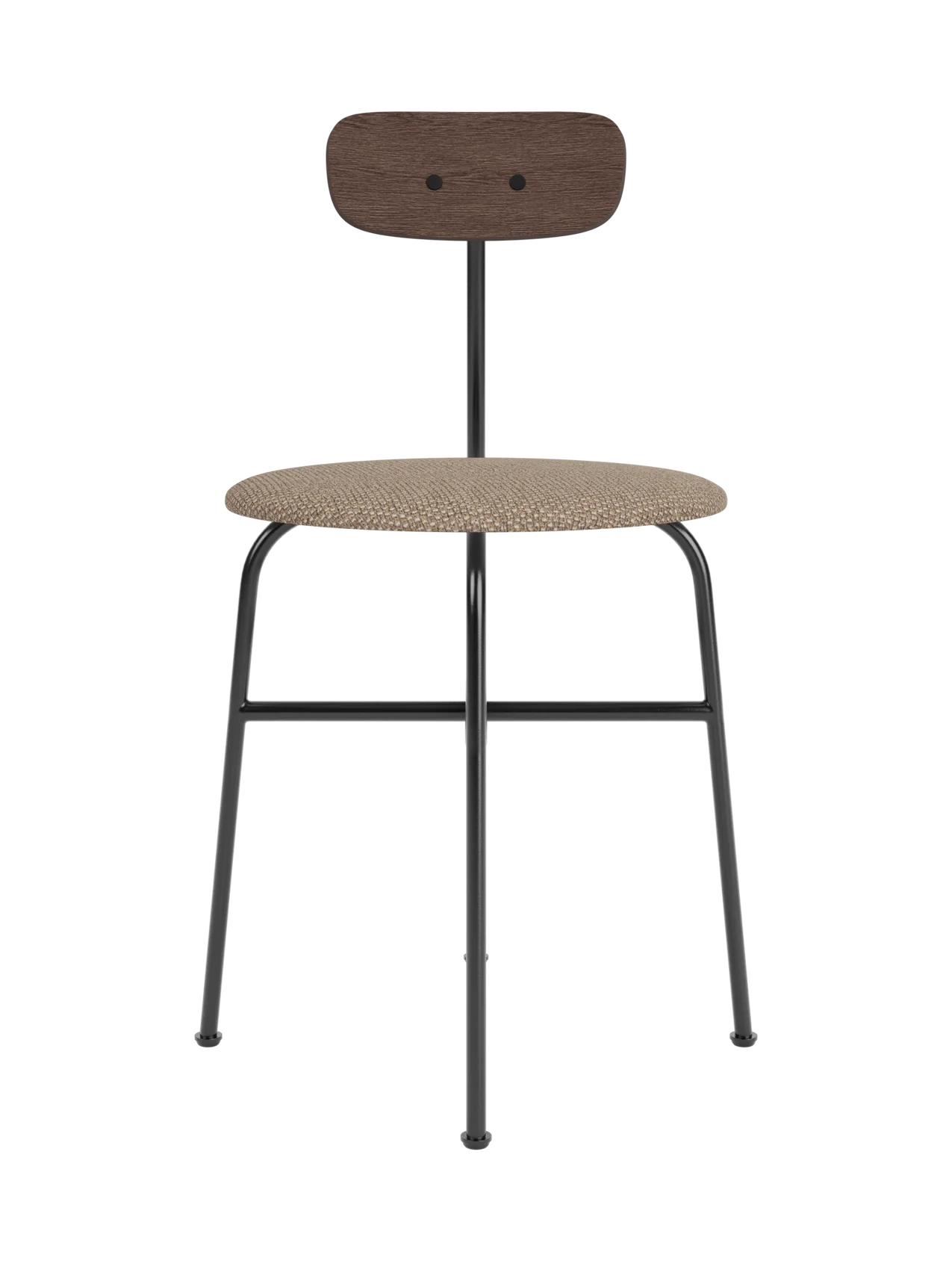 Afteroom Dining Chair with a Logan Flint upholstered seat and a dark stained oak backrest on a black steel frame.