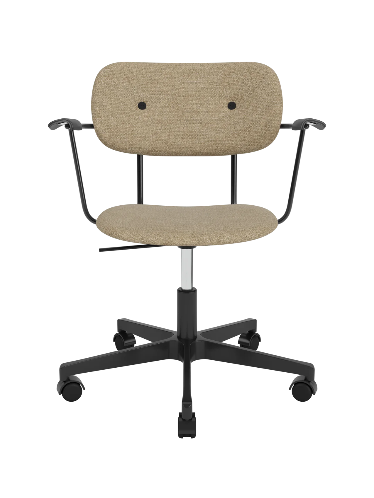 Fully upholstered Co Task Chair in beige Bouclé 02 with black oak armrests and a five-star swivel base with casters.