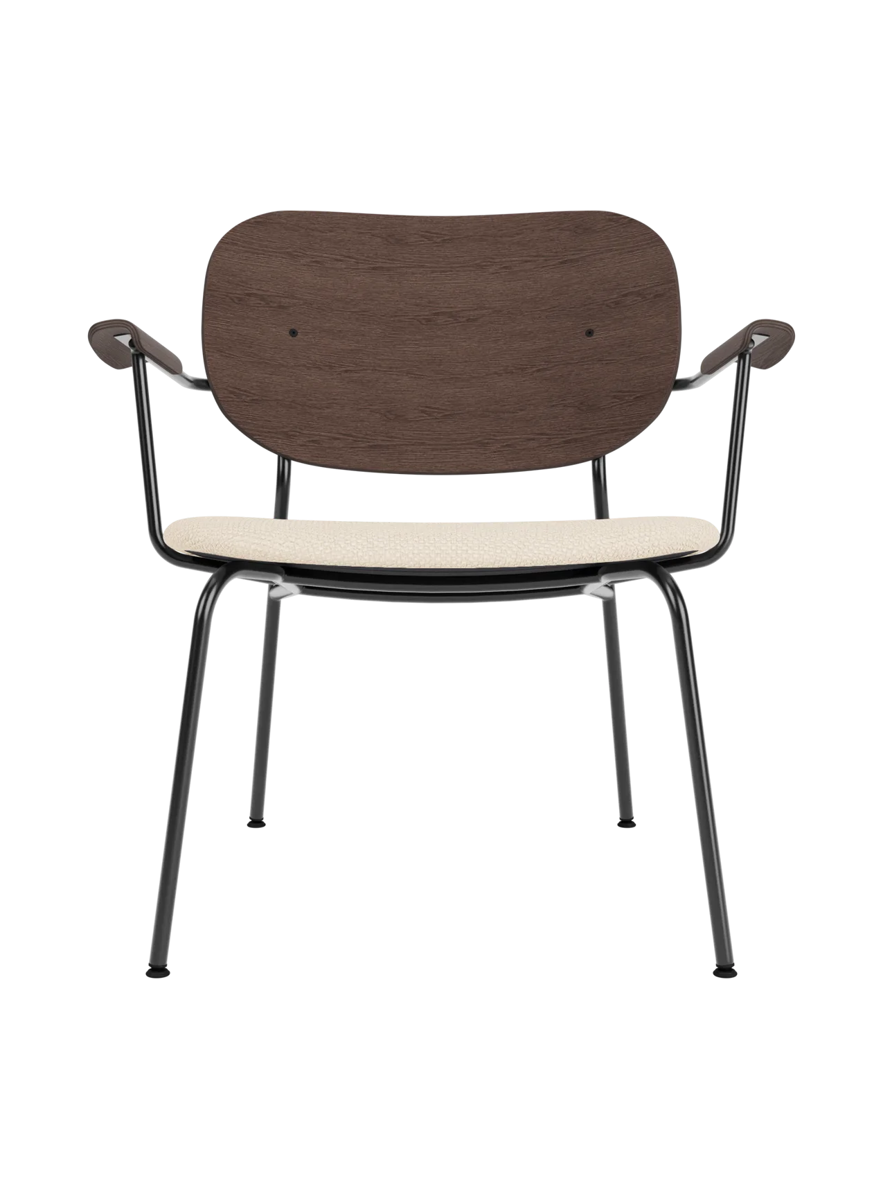 Co Lounge Chair featuring a dark stained oak backrest and Logan Jasmine upholstered seat on a black steel frame.