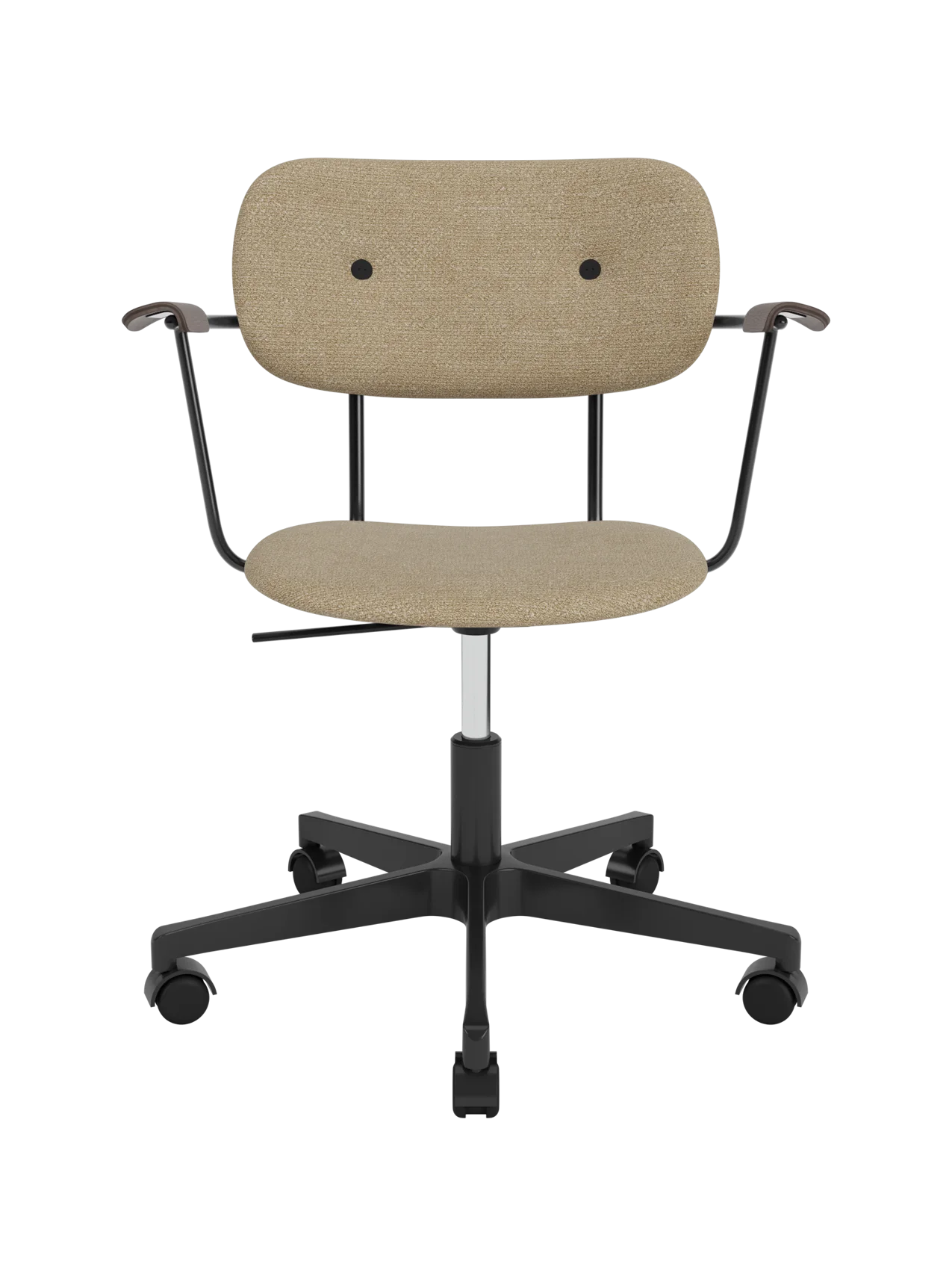 Co Task Chair in beige Bouclé 02 with dark stained oak armrests on a five-star black swivel base with casters.