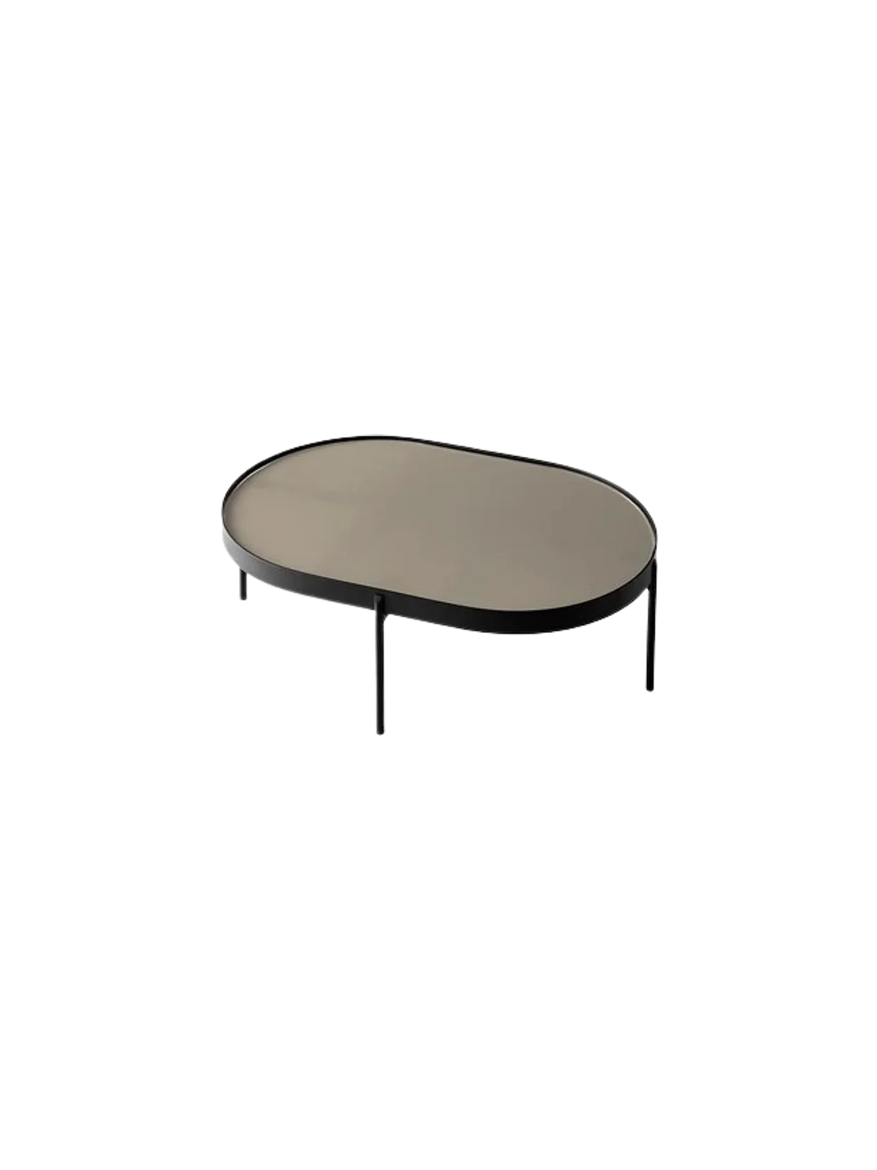 The small NoNo Table with a beige oval glass top and slender black powder-coated steel legs, shown on a black background.