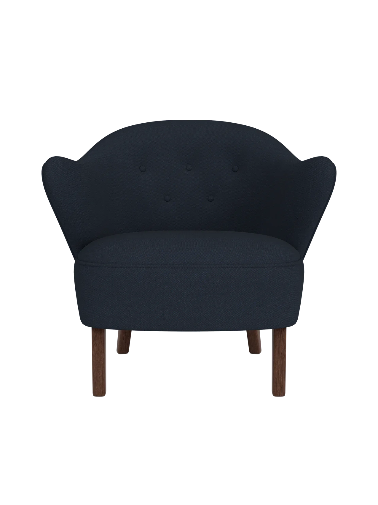 Front view of the Ingeborg Lounge Chair in dark blue Fiord 782 textile, featuring a tufted back and dark smoked oak legs.