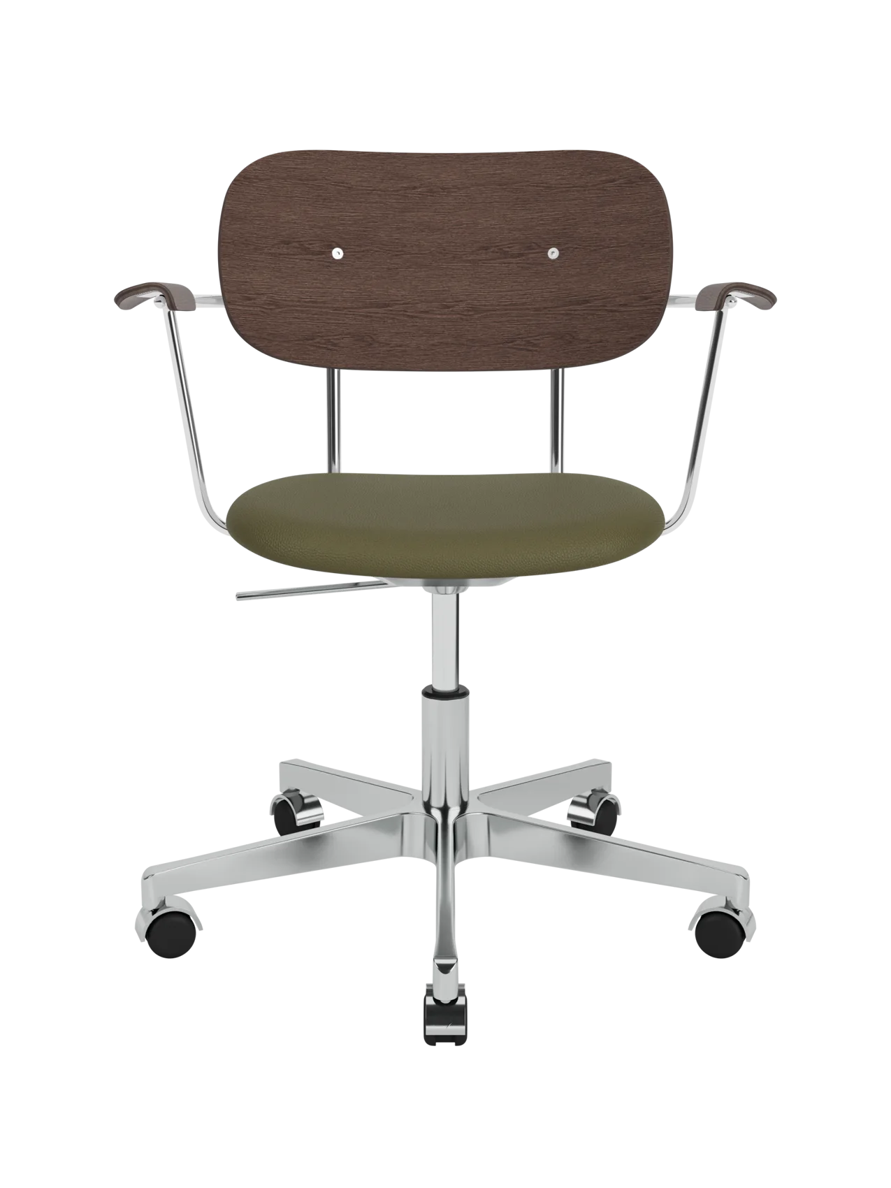 Co Task Chair with dark stained oak back and armrests, olive Sierra upholstered seat and polished aluminium swivel base.