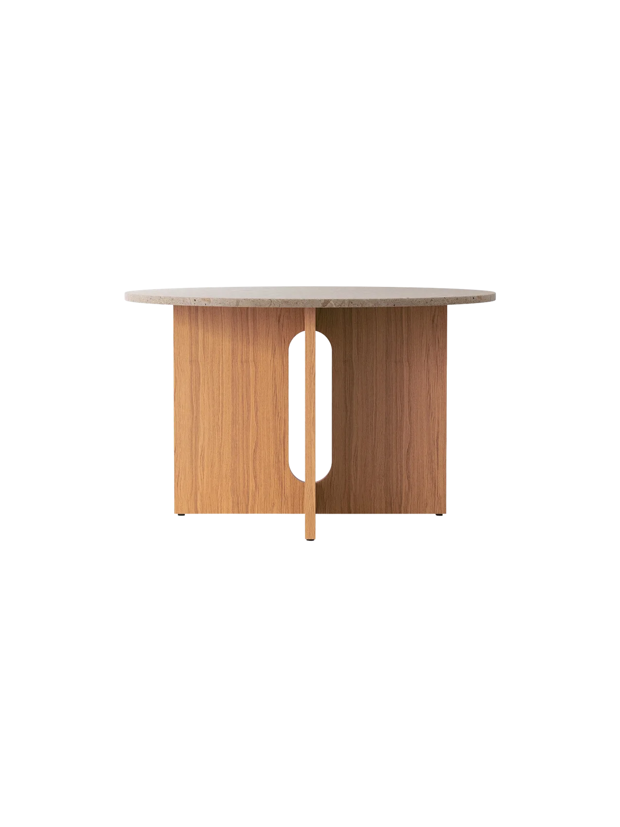 A front-on view of the round Androgyne Dining Table, featuring a Kunis Brescia stone top and a natural oak base with cutout.