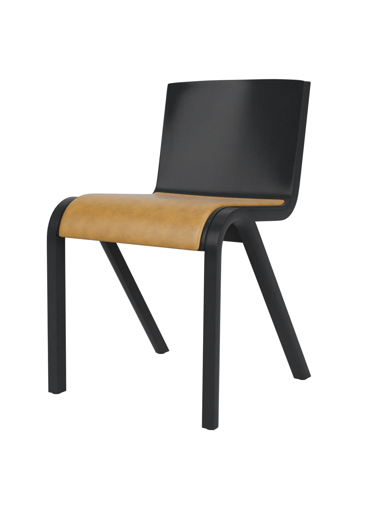 Black painted oak Ready Dining Chair with a tan leather upholstered seat and a sleek, minimalist cantilever frame.