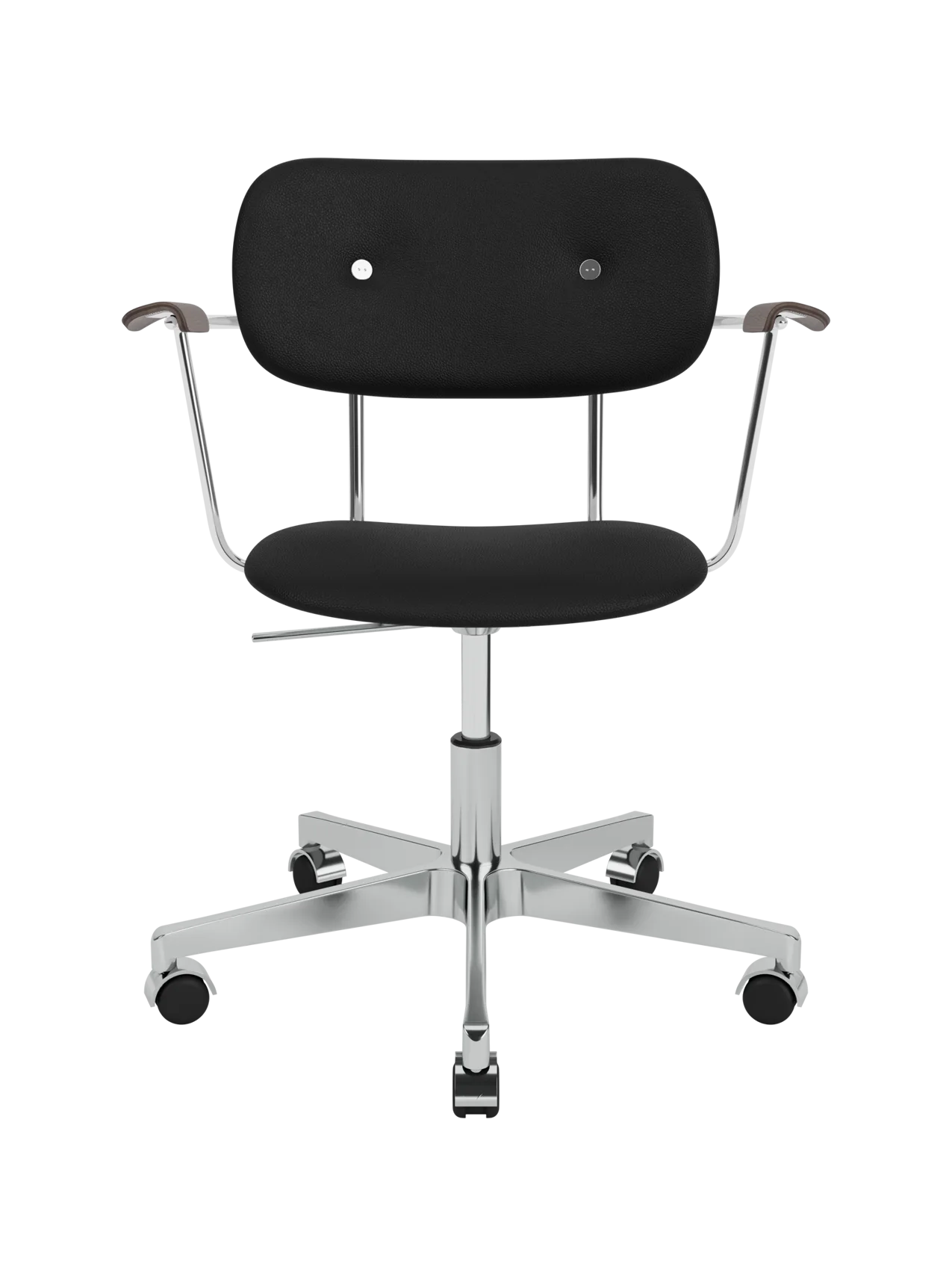 Black Sierra leather Co Task Chair with dark stained oak armrests on a polished chrome swivel base with casters.