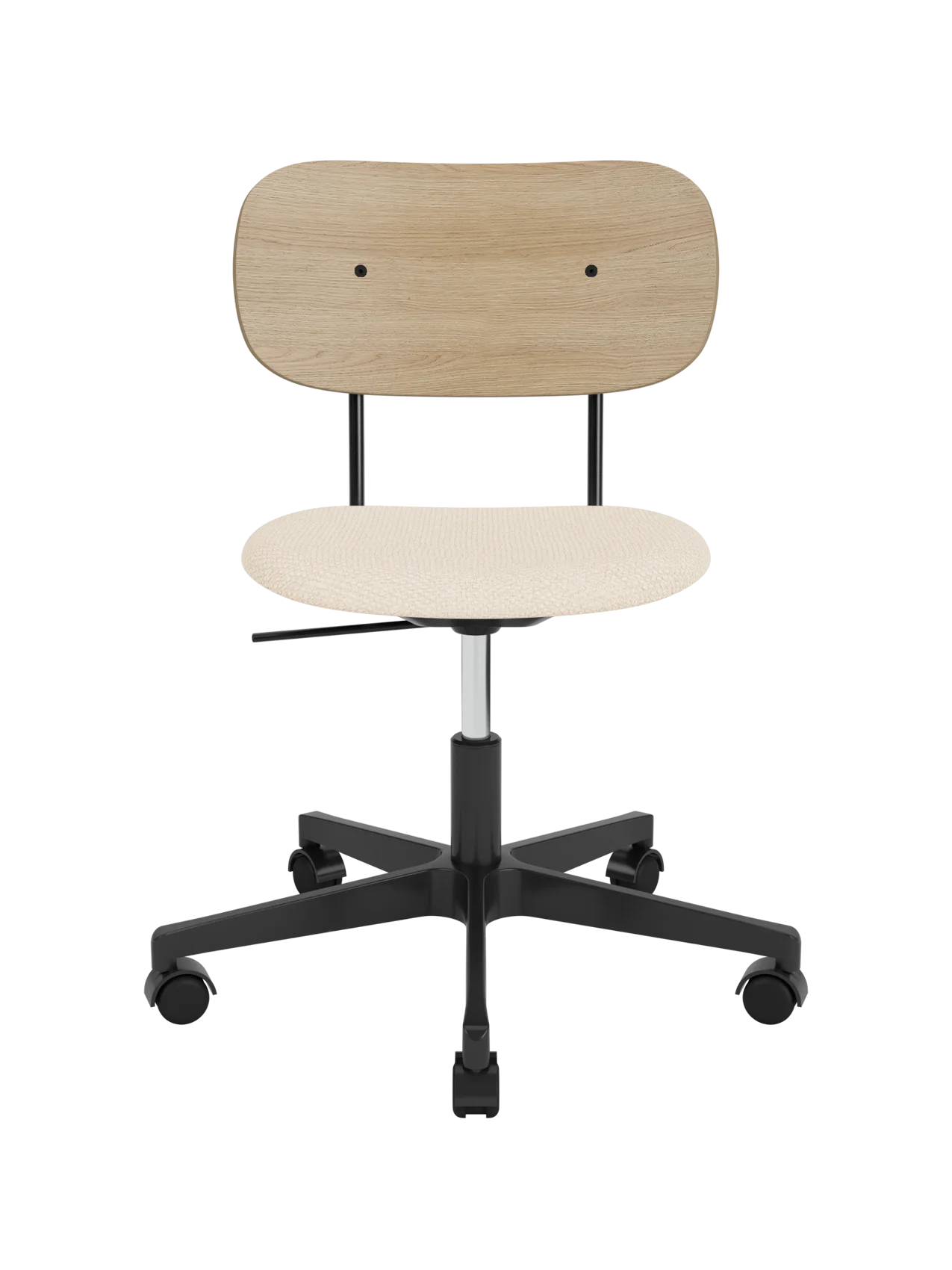 Co Task Chair with a Logan Jasmine upholstered seat, natural oak backrest, and black five-star swivel base with castors.