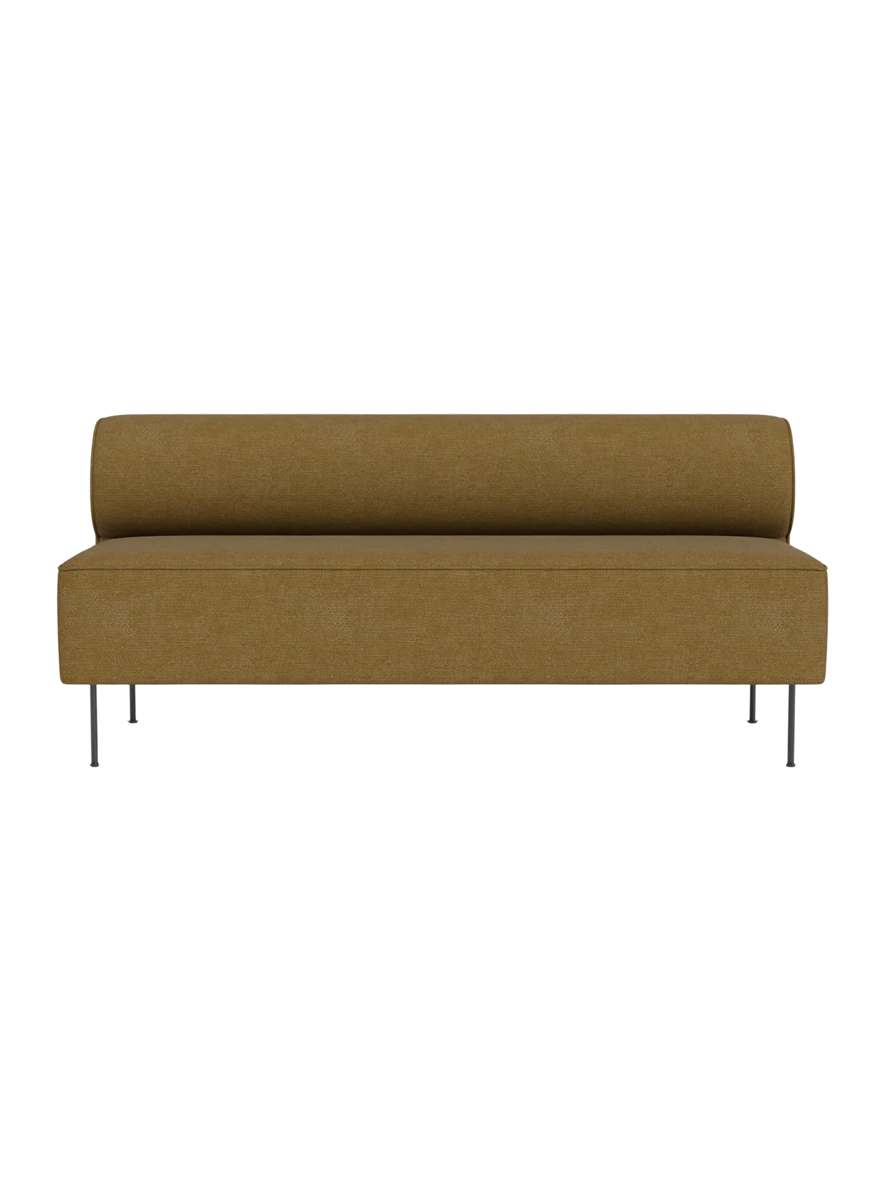 A front view of the Eave Dining Sofa, upholstered in a mustard-yellow textured fabric on slender metal legs.