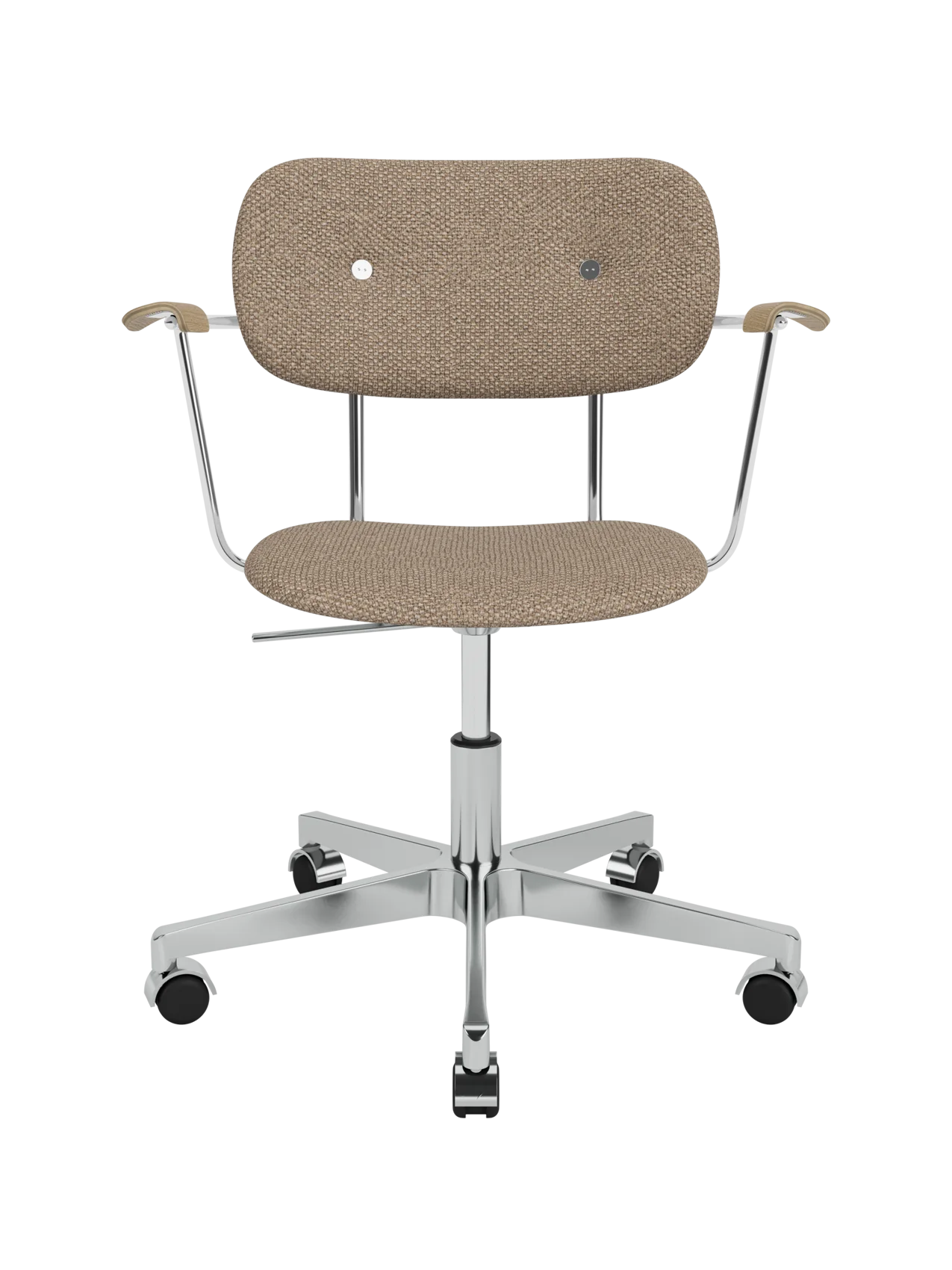 Co Task Chair with Logan Flint upholstery, Natural Oak armrests and a polished chrome five-star base with casters.