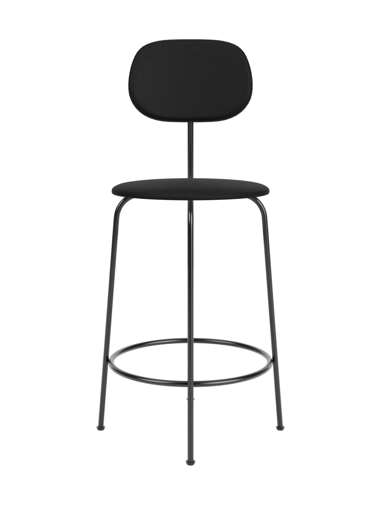 A black Afteroom Counter Chair Plus with a textured, upholstered round seat and wide backrest, on a thin black metal frame.