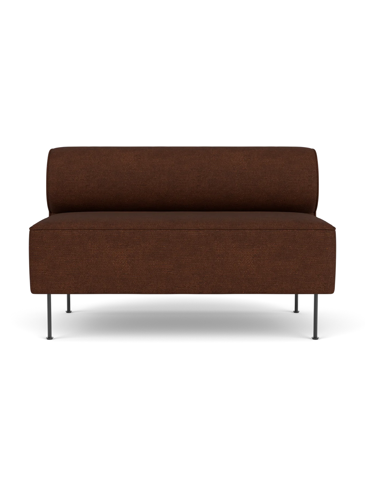 Front view of the Eave Dining Sofa, an open section module in rich brown Audo Bouclé fabric, on slim metal legs.