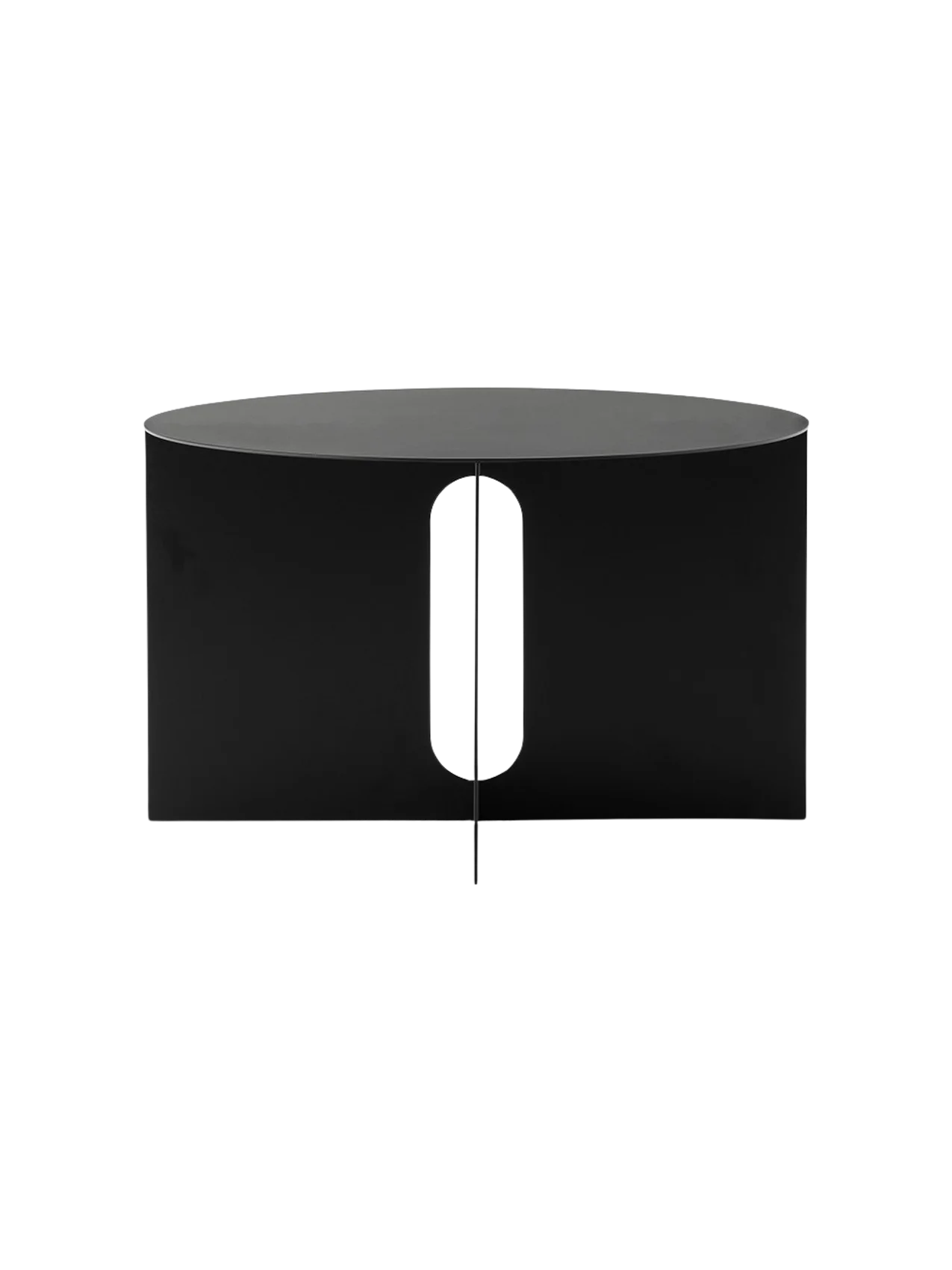 A front-on image of the Androgyne Side Table Ø63 in black, showing its round top and base with a central vertical cutout.