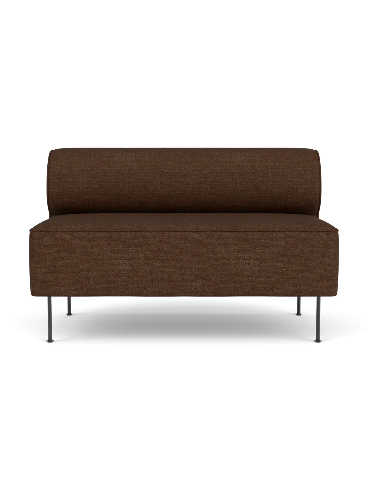 Front view of the Eave Dining Sofa in brown Audo Bouclé fabric, with a rounded backrest and slim metal legs.