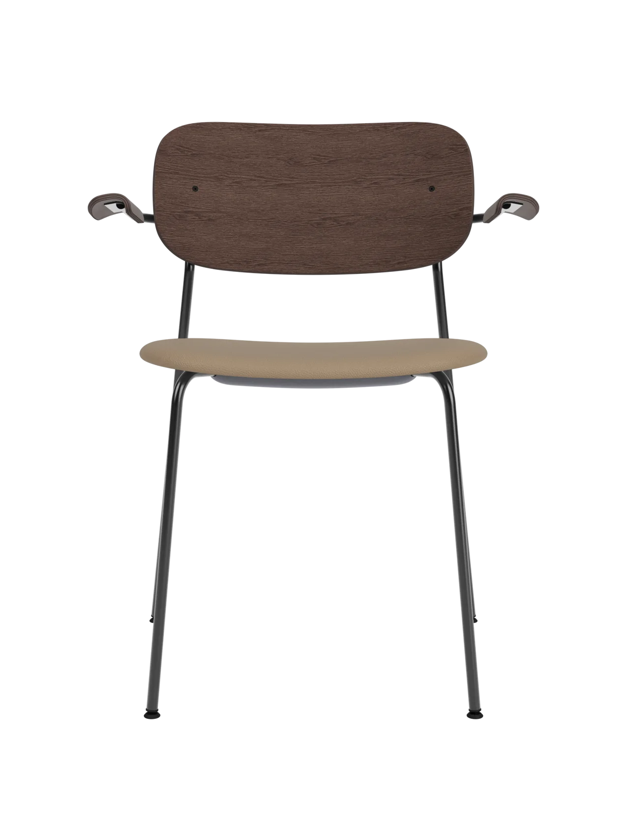 Co Dining Chair with armrests, black frame, dark stained oak backrest and Sierra 1611 upholstered seat.