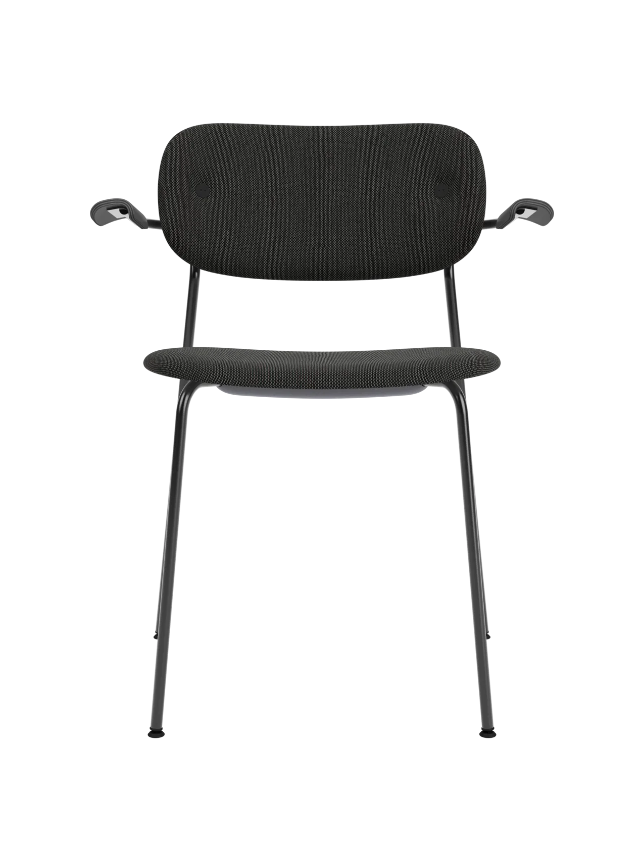Fully upholstered Co Dining Chair with black oak armrests, black Re-wool fabric, and a powder-coated steel frame.