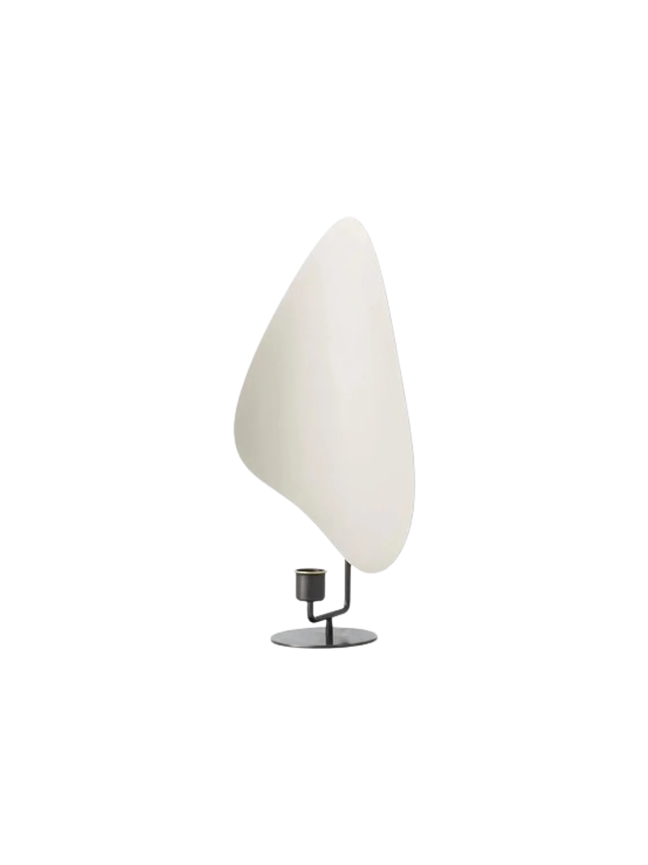 Angled view of the Flameau Candle Holder in bronzed brass and grey, featuring a sculptural base and large, white reflector.