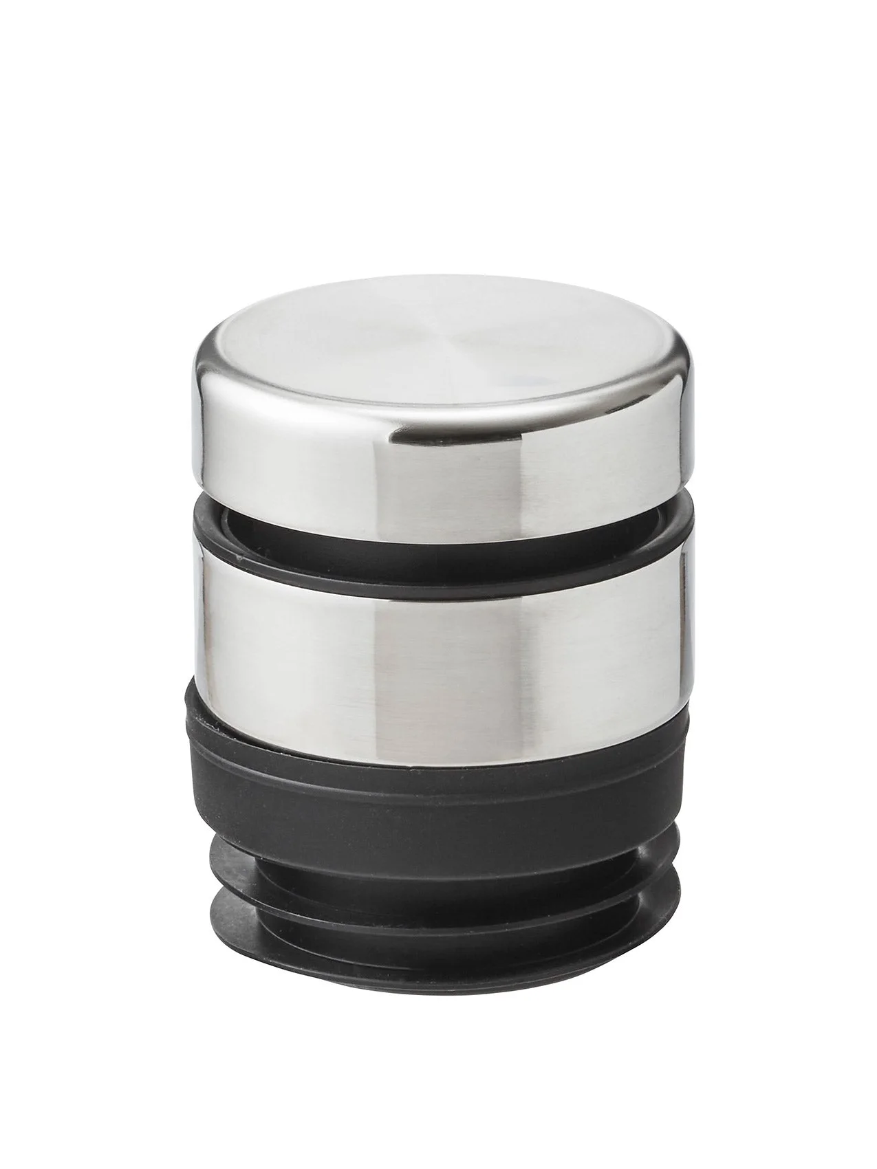 A close-up of the Audo To Go Tumbler Lid, showing its brushed stainless steel top and black silicone stopper base.
